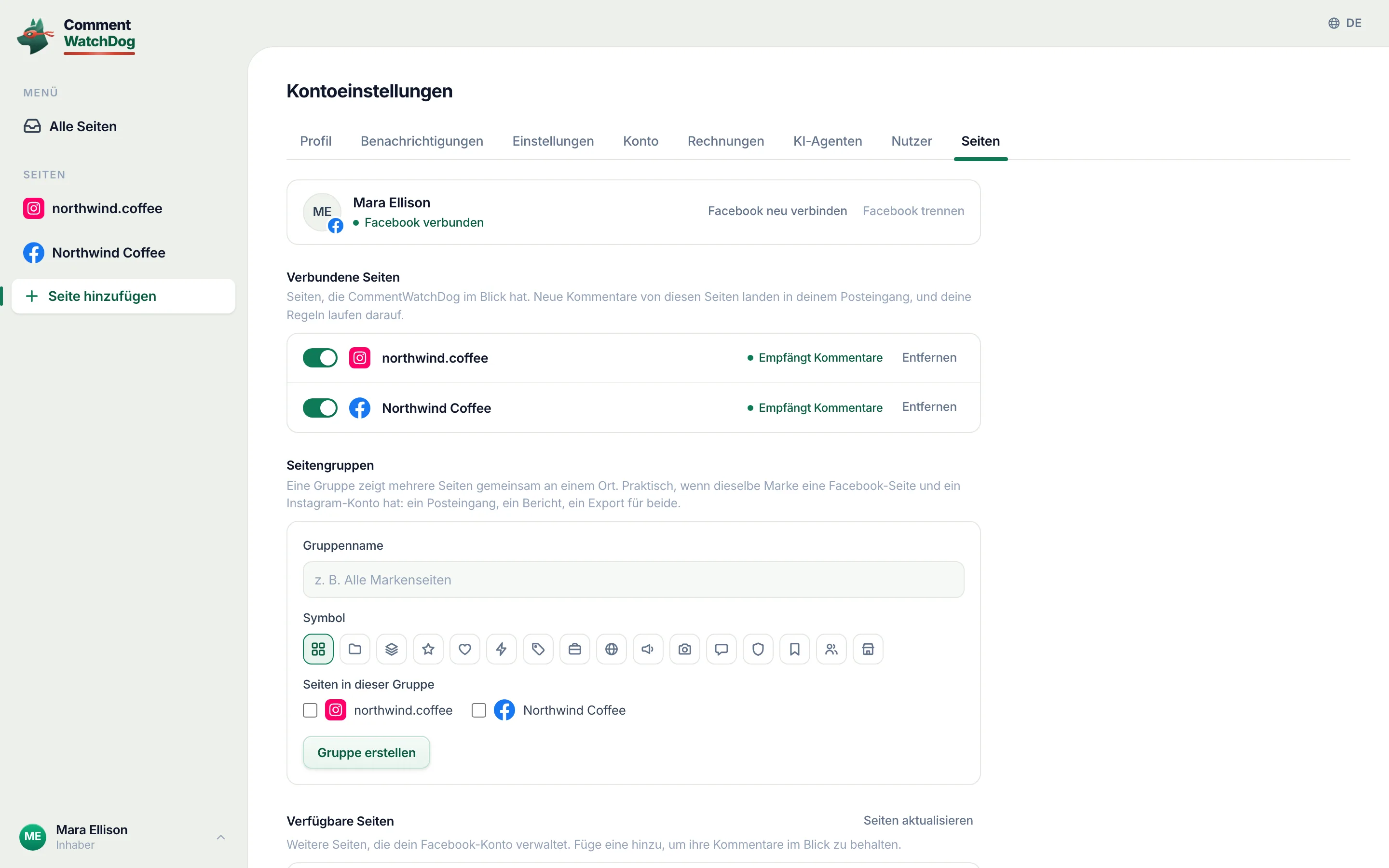 „Einstellungen“, „Seiten“: beide Seiten verbunden, bei jeder steht „Empfängt Kommentare“.