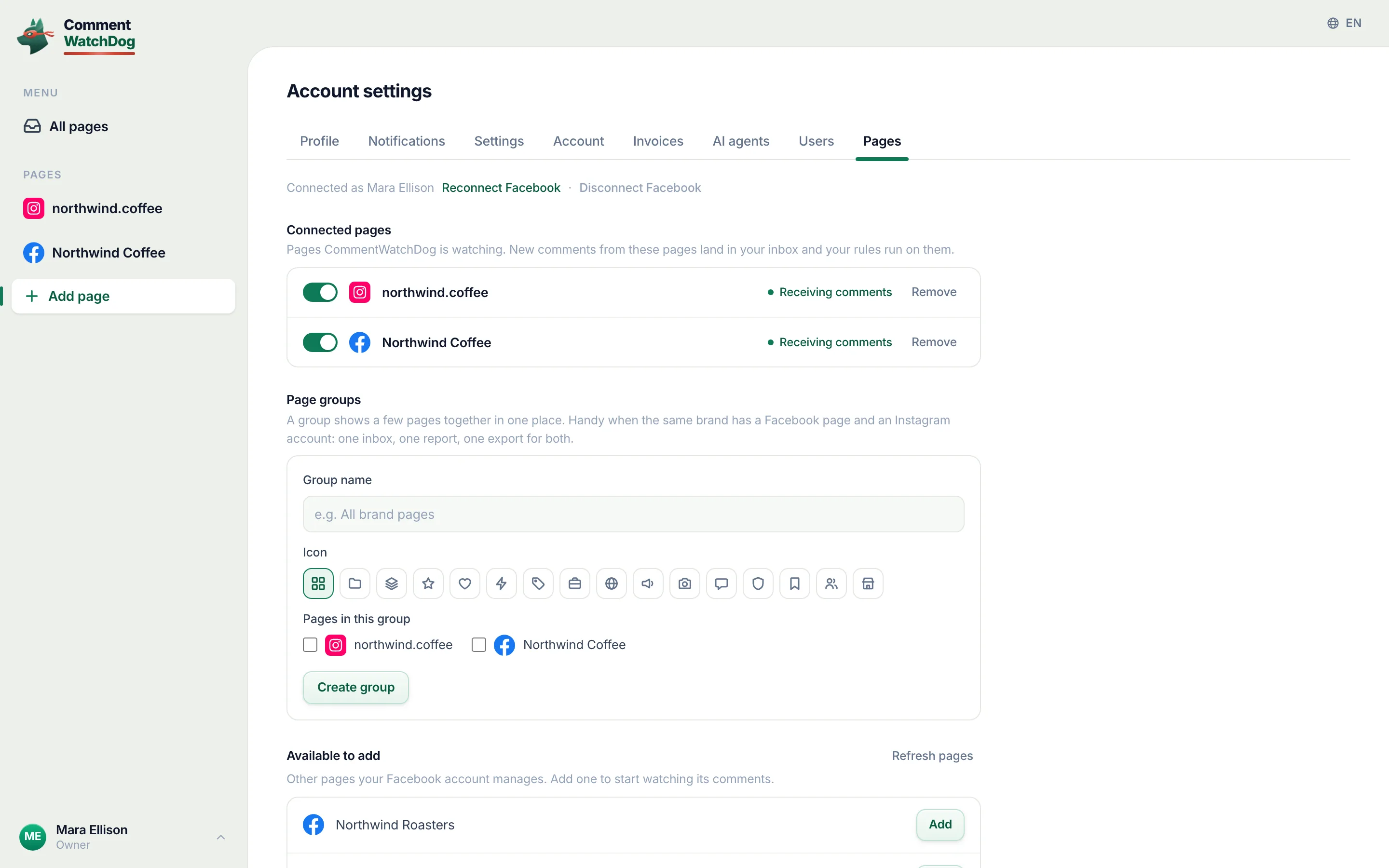 Settings, Pages: both pages connected, each reading Receiving comments.