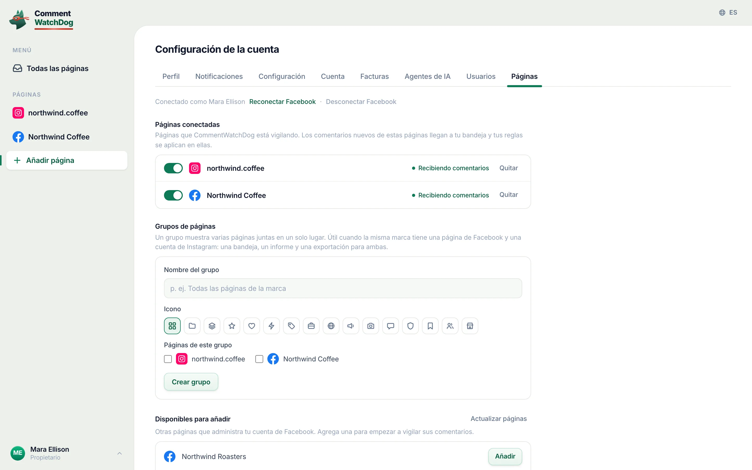 Configuración, Páginas: las dos páginas conectadas, cada una con Recibiendo comentarios.