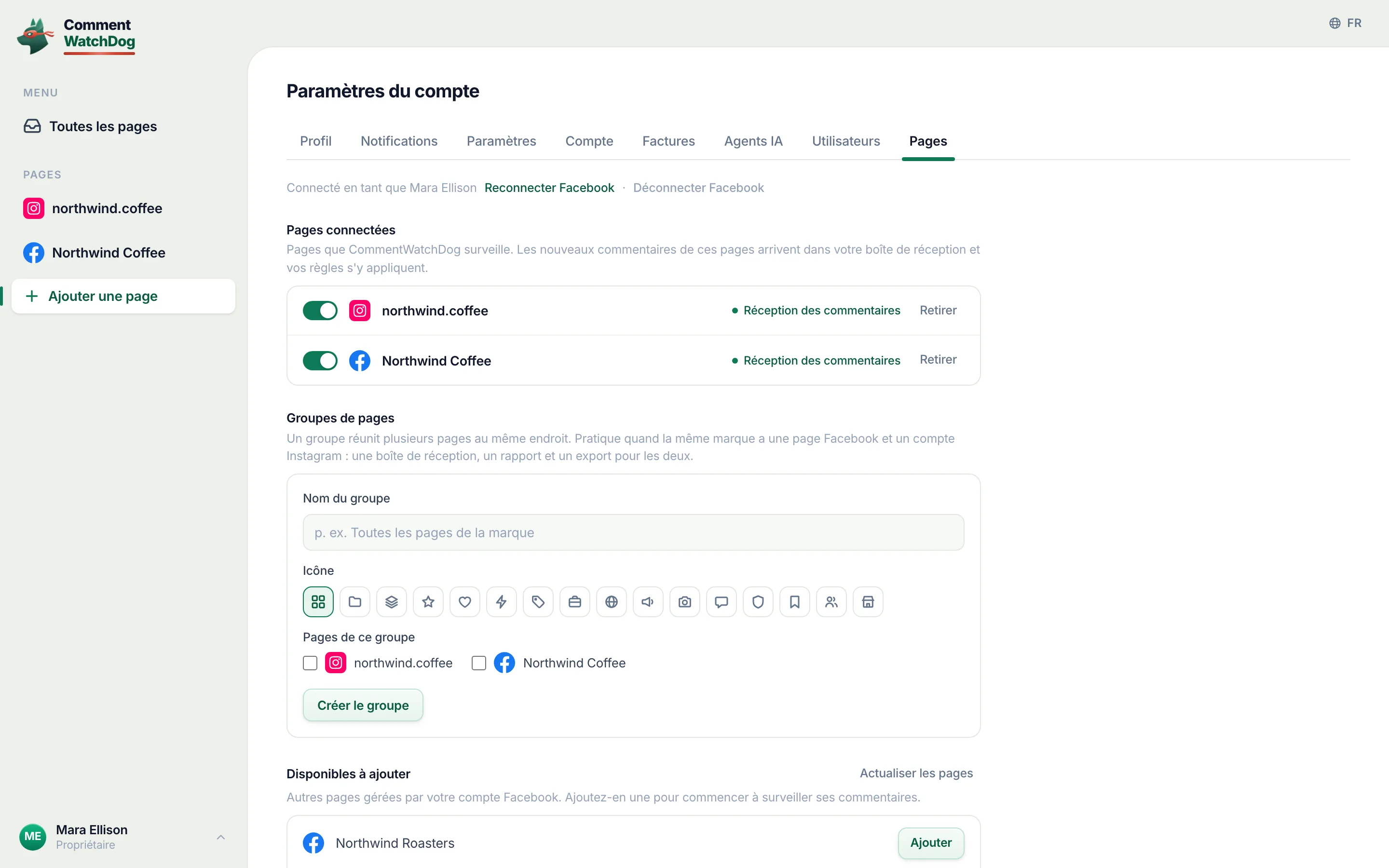 Paramètres, Pages&nbsp;: les deux pages connectées, chacune avec la mention Réception des commentaires.