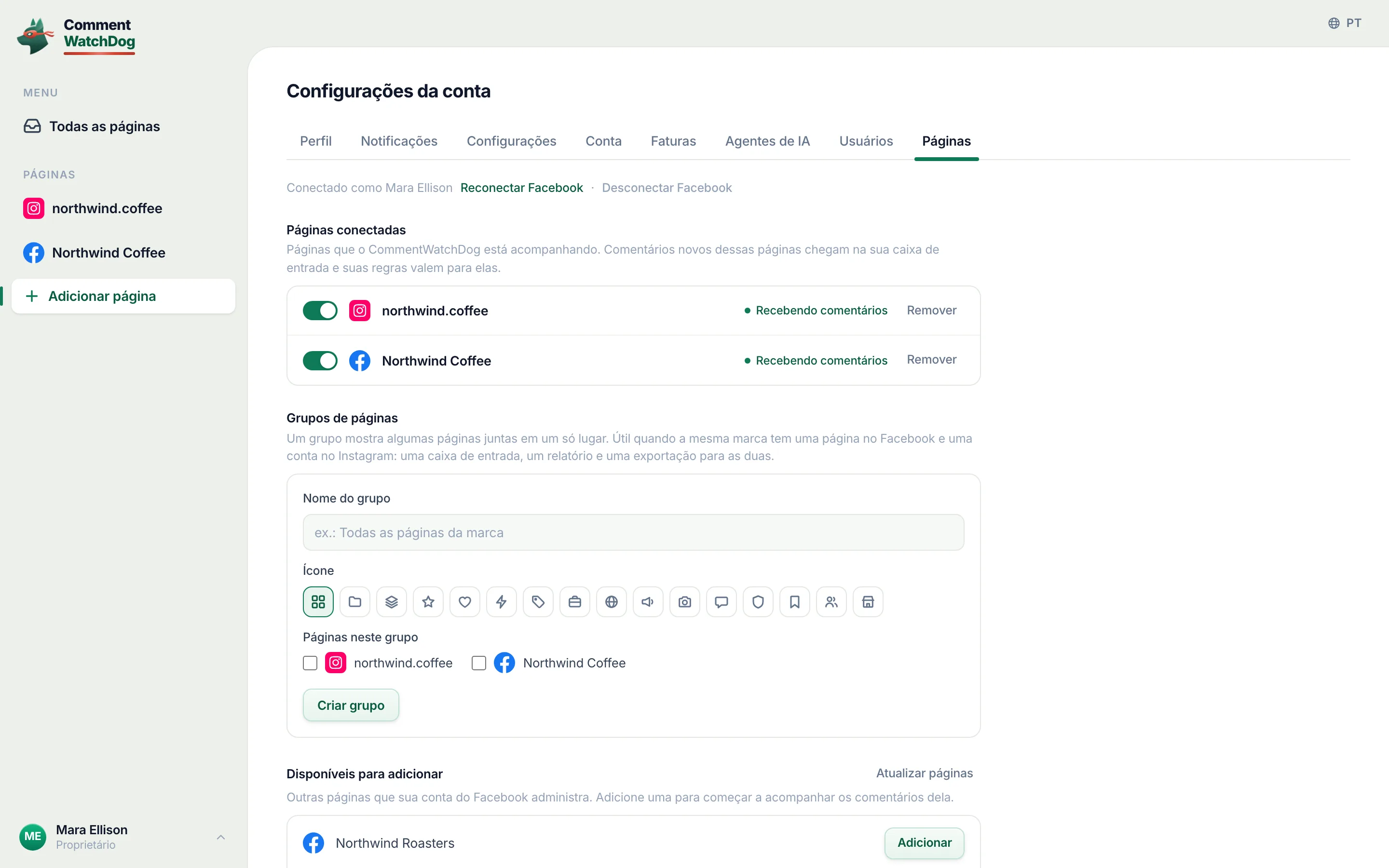 Configurações, Páginas: as duas páginas conectadas, cada uma mostrando Recebendo comentários.