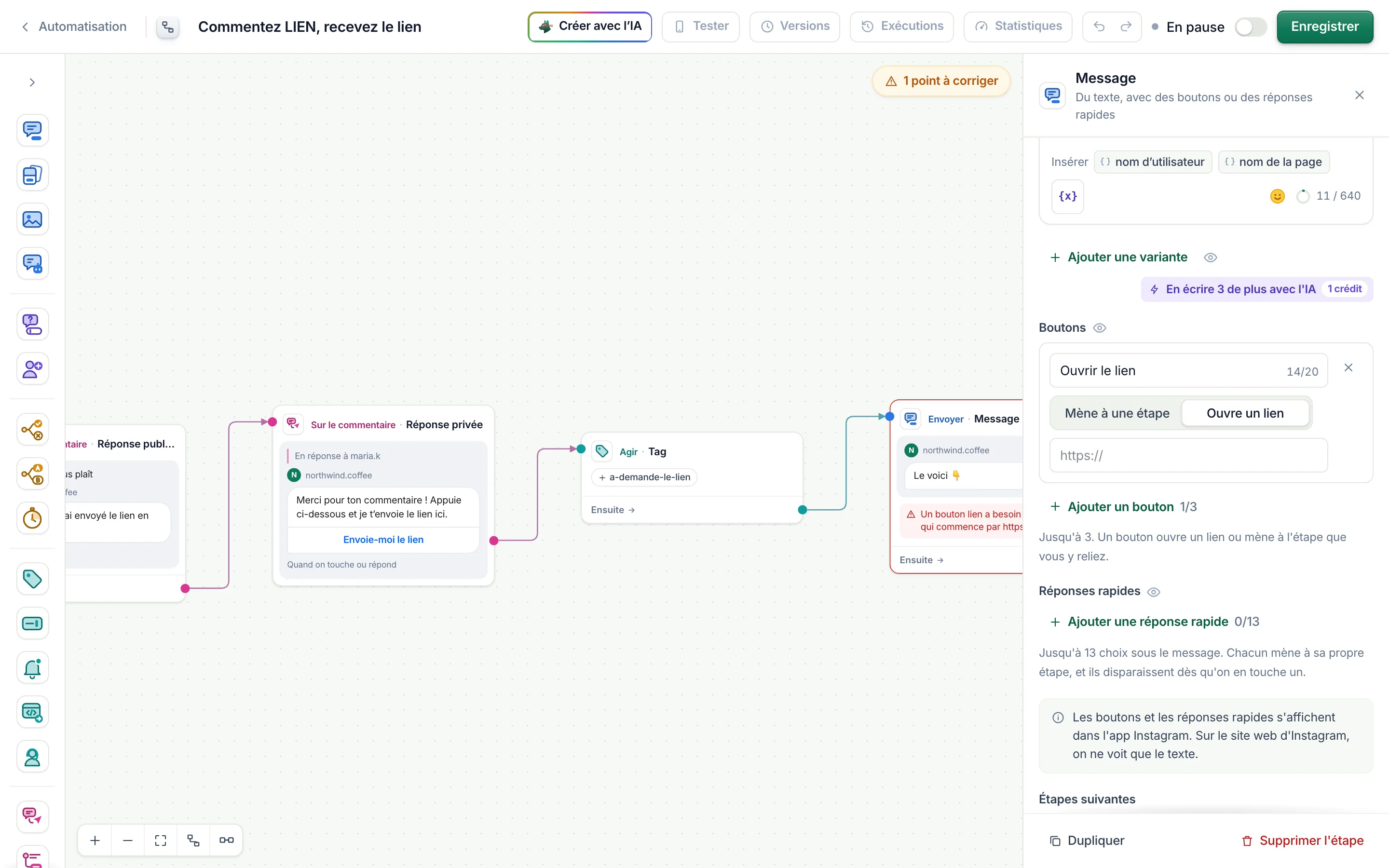 Enregistrer, sur un flow en pause qui a encore un point à corriger.