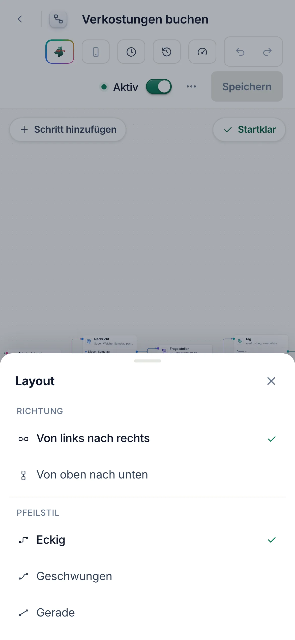 „Layout“ auf dem Handy, von unten eingeblendet.