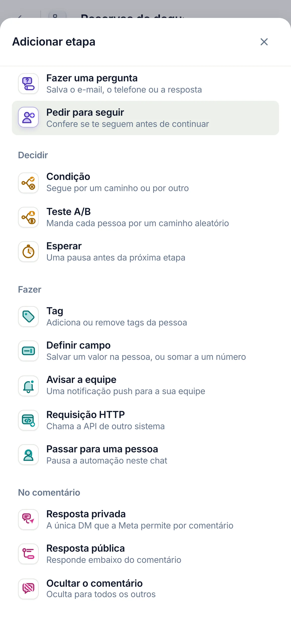 No celular, Adicionar etapa lista as mesmas etapas: Resposta pública, em No comentário.