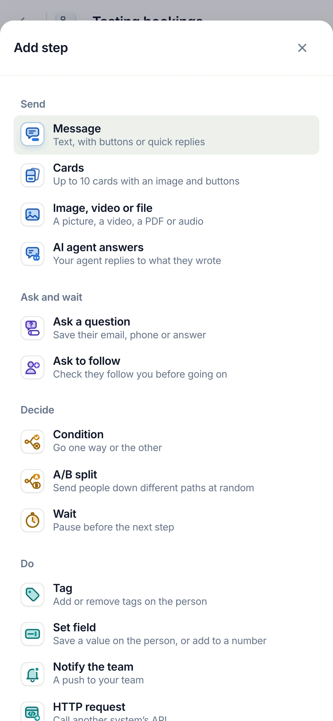 On a phone, Add step lists the same steps: Cards, under Send.