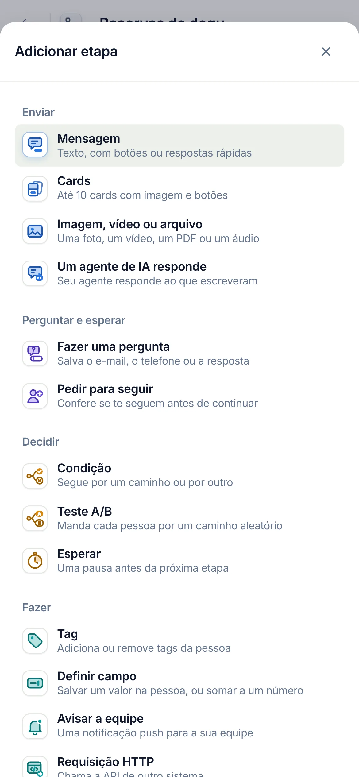 No celular, Adicionar etapa lista as mesmas etapas: Teste A/B, em Decidir.