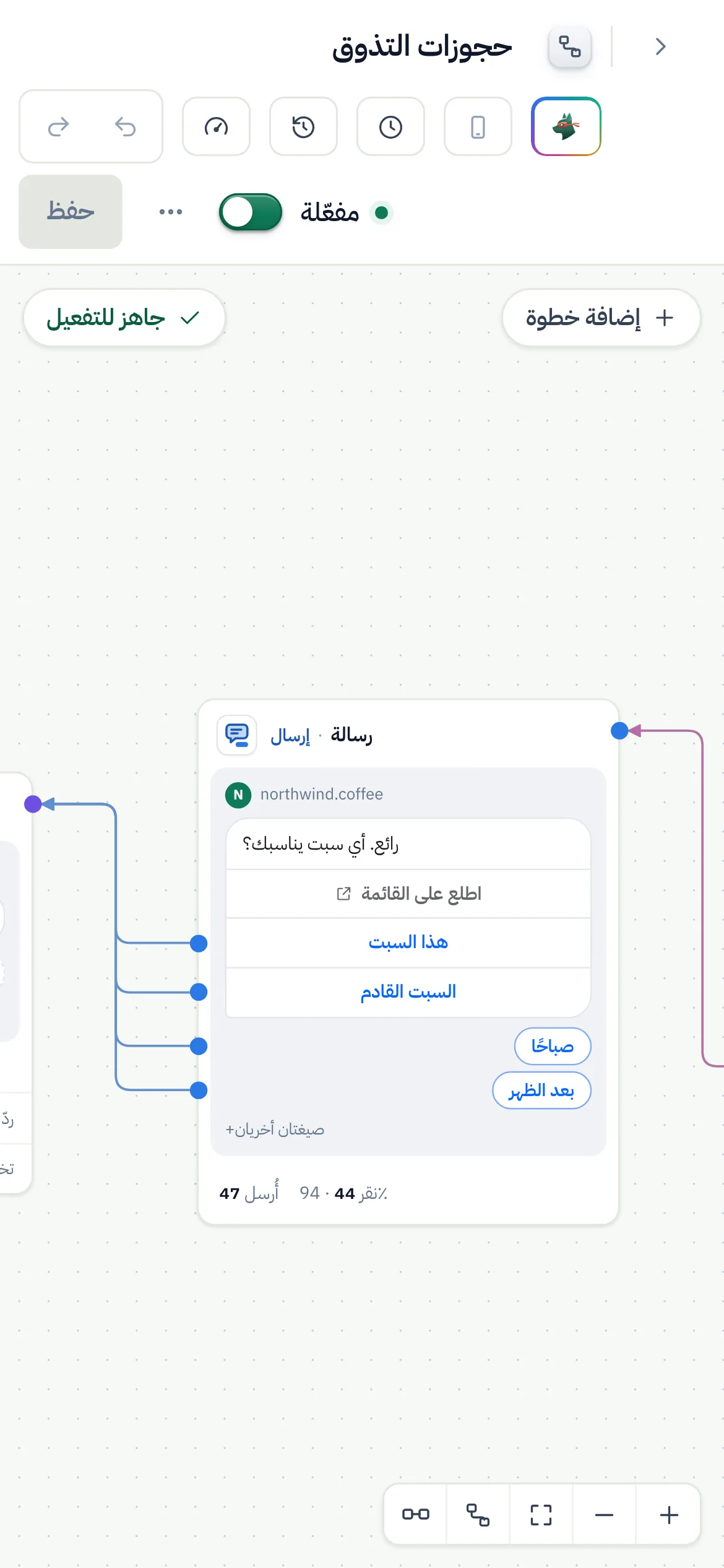 منشئ التدفقات وفيه تدفق «حجوزات التذوق»: تعليق بكلمة تذوق يبدأ ردًا خاصًا فيه «احجز جلسة تذوق»، ثم رسالة بأربعة خيارات، ثم سؤال عن عدد القادمين، ثم وسم و«تحويل إلى شخص»، أو رسالة إن لم تصل إجابة. مفعّل، و«جاهز للتفعيل».
