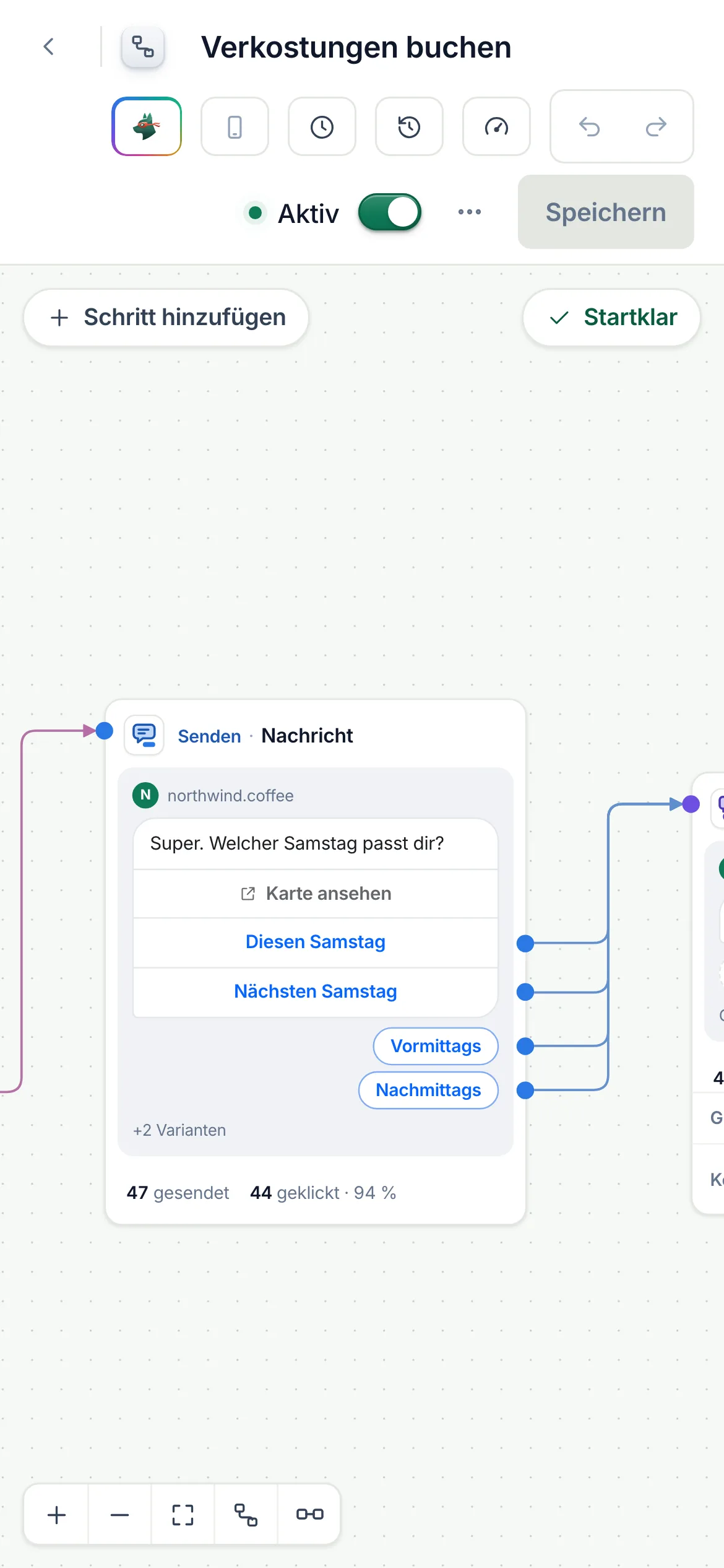 Ein aktiver Flow, auf dem Handy geöffnet: ein Schritt „Nachricht“ mit seinen Buttons auf der Arbeitsfläche, „Schritt hinzufügen“ und die Zoom-Steuerung.