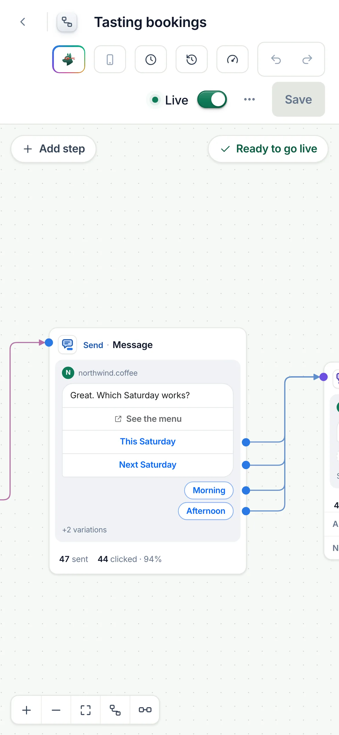 The flow builder with the Tasting bookings flow: a comment on TASTING starts a private reply with Book a tasting, a message with four choices, a question on how many are coming, then a tag and Hand to a person, or a message when no answer comes. Live, and Ready to go live.