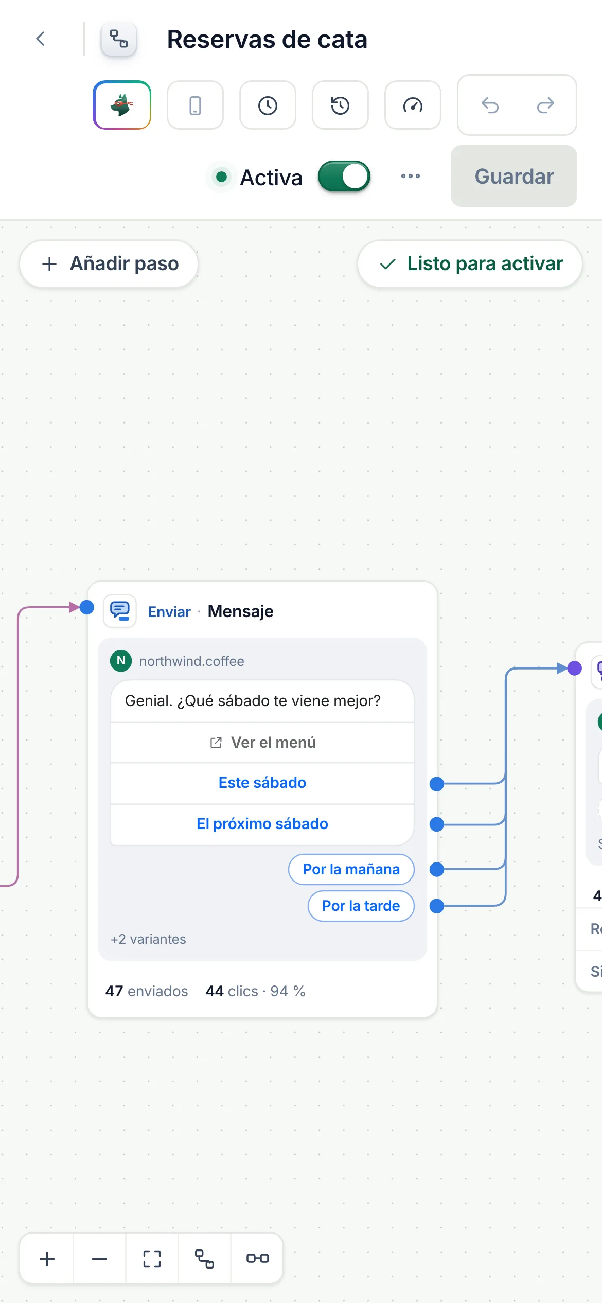 El constructor de flujos con el flujo Reservas de cata: un comentario con CATA inicia una respuesta privada con Reservar una cata, un mensaje con cuatro opciones, una pregunta sobre cuántas personas vienen y luego una etiqueta y Pasar a una persona, o un mensaje cuando no llega respuesta. Activa, y Listo para activar.