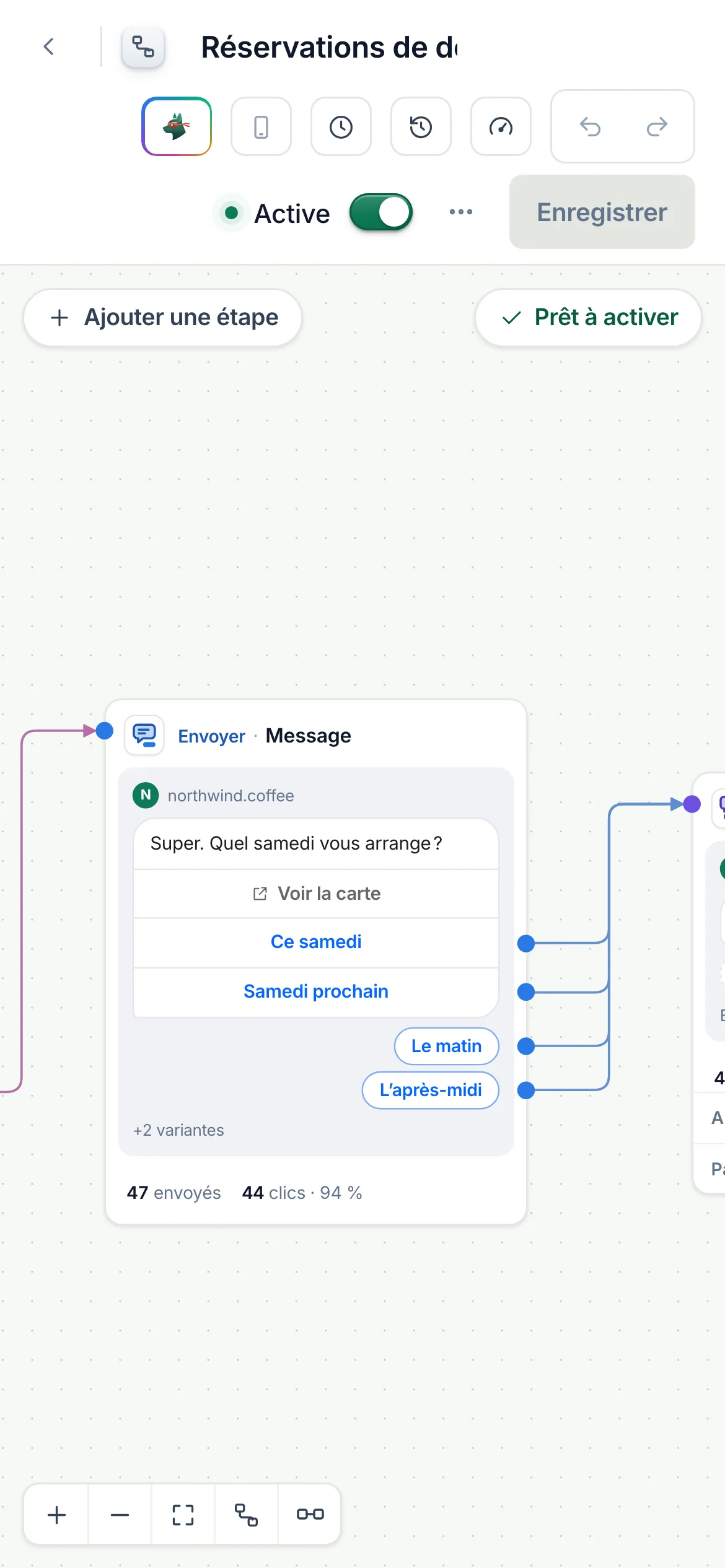 Le créateur de flows avec le flow Réservations de dégustation&nbsp;: un commentaire avec DÉGUSTATION lance une réponse privée avec «&nbsp;Réserver ma place&nbsp;», un message avec quatre choix, une question sur le nombre de personnes, puis un tag et «&nbsp;Passer la main&nbsp;», ou un message quand aucune réponse n’arrive. Actif, et «&nbsp;Prêt à activer&nbsp;».
