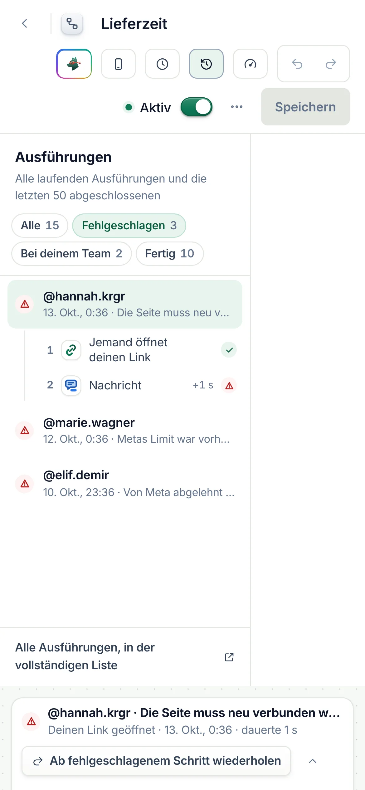 Der Chip „Fehlgeschlagen“ auf dem Handy, über der Liste der Ausführungen.