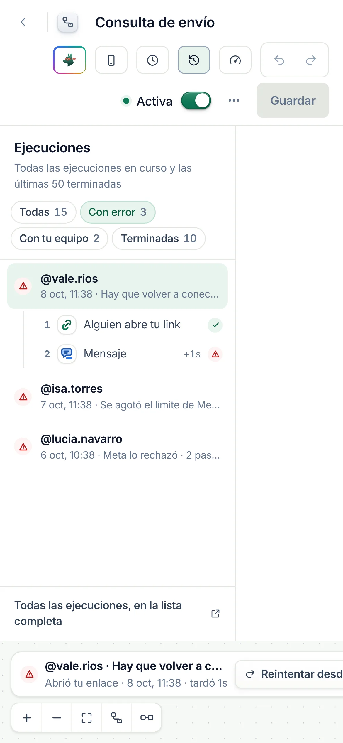 El filtro Con error en un teléfono, encima de la lista de ejecuciones.