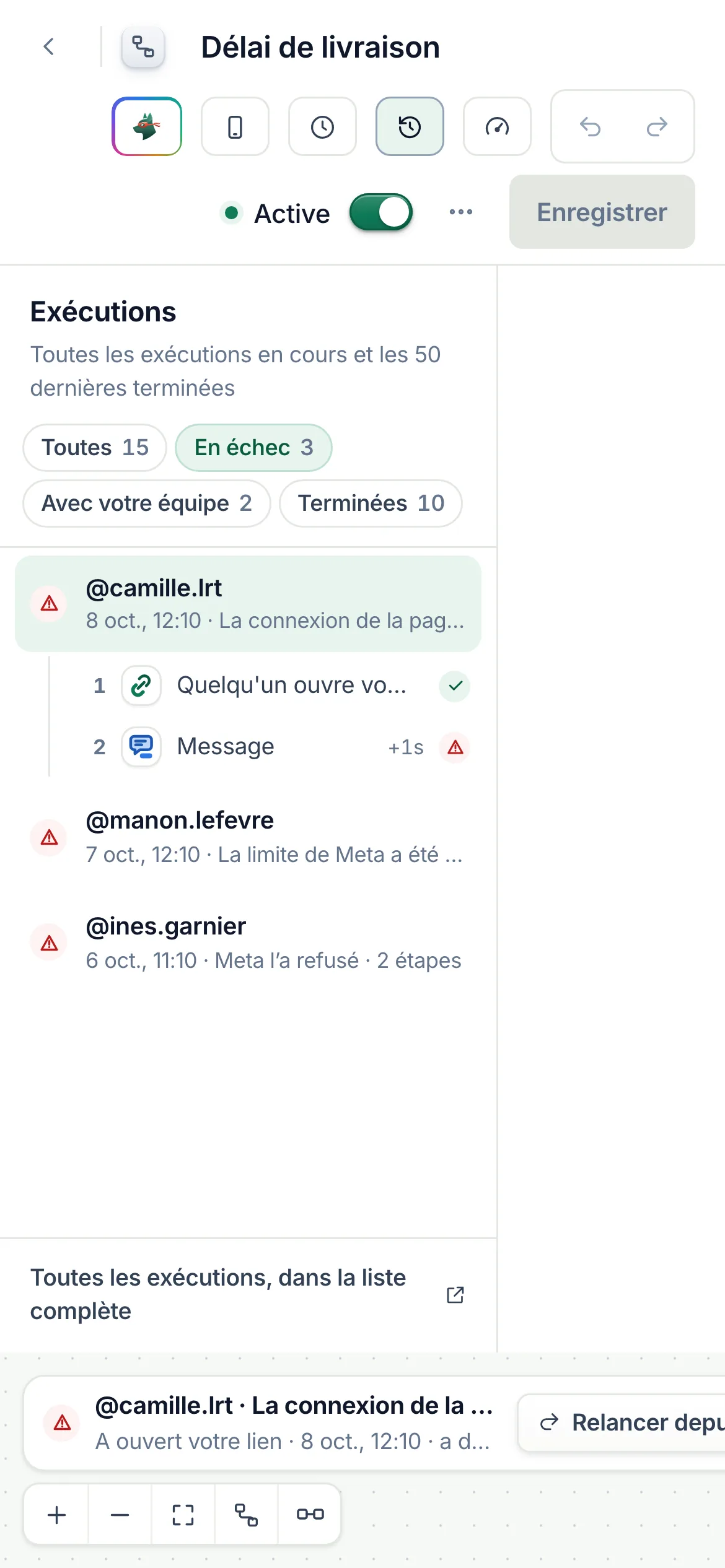 Le filtre En échec sur un téléphone, au-dessus de la liste des exécutions.