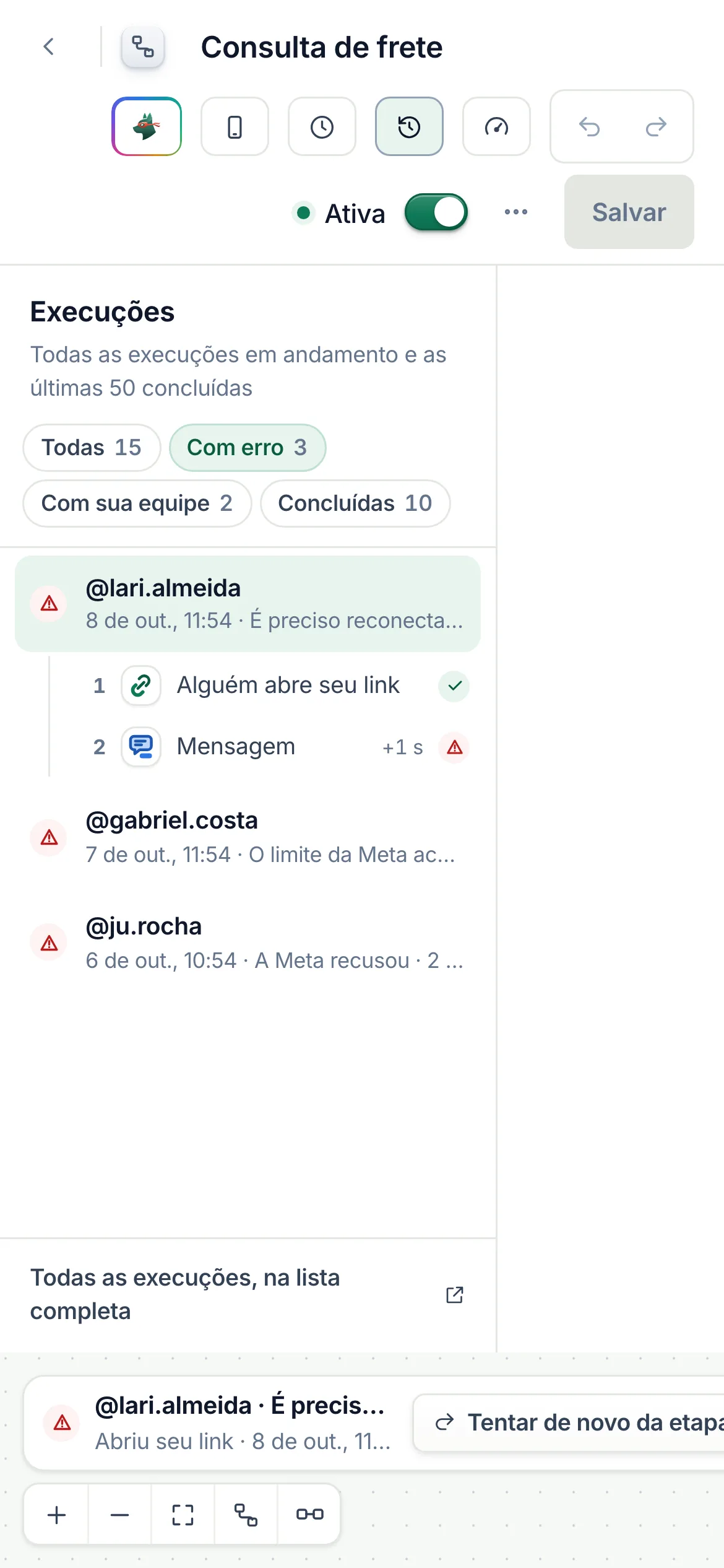 O chip Com erro no celular, acima da lista de execuções.