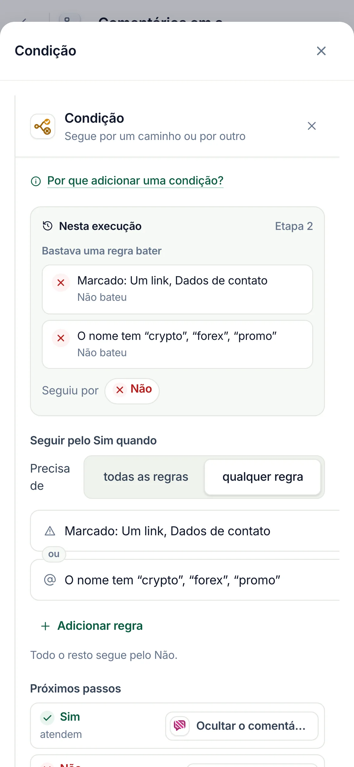 No celular, a etapa abre em um painel inferior: Nesta execução, com cada regra.