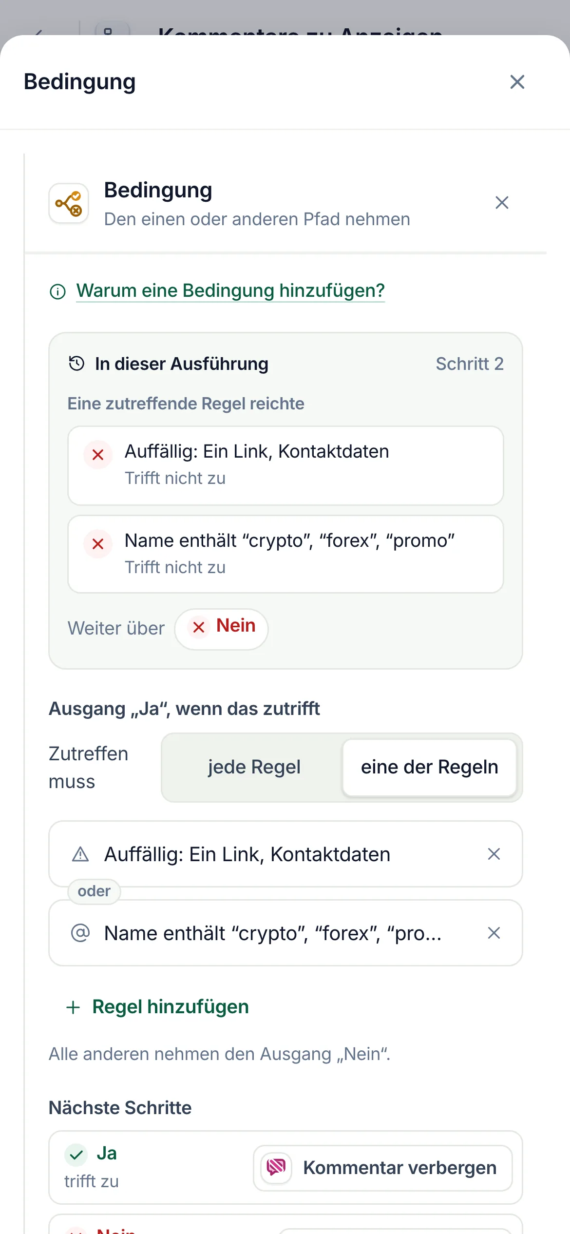 Auf dem Handy: Tippe in den Schritten der Ausführung auf die Bedingung; ihre Einstellungen werden von unten eingeblendet und beginnen mit „In dieser Ausführung“.