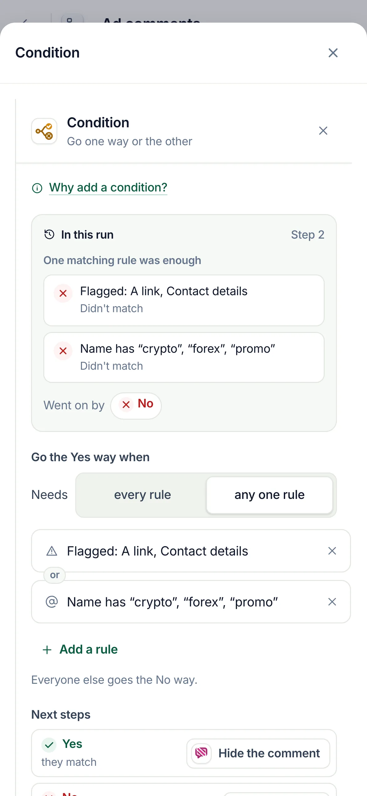 On a phone: tap the condition in the run's steps; its sheet opens on In this run.