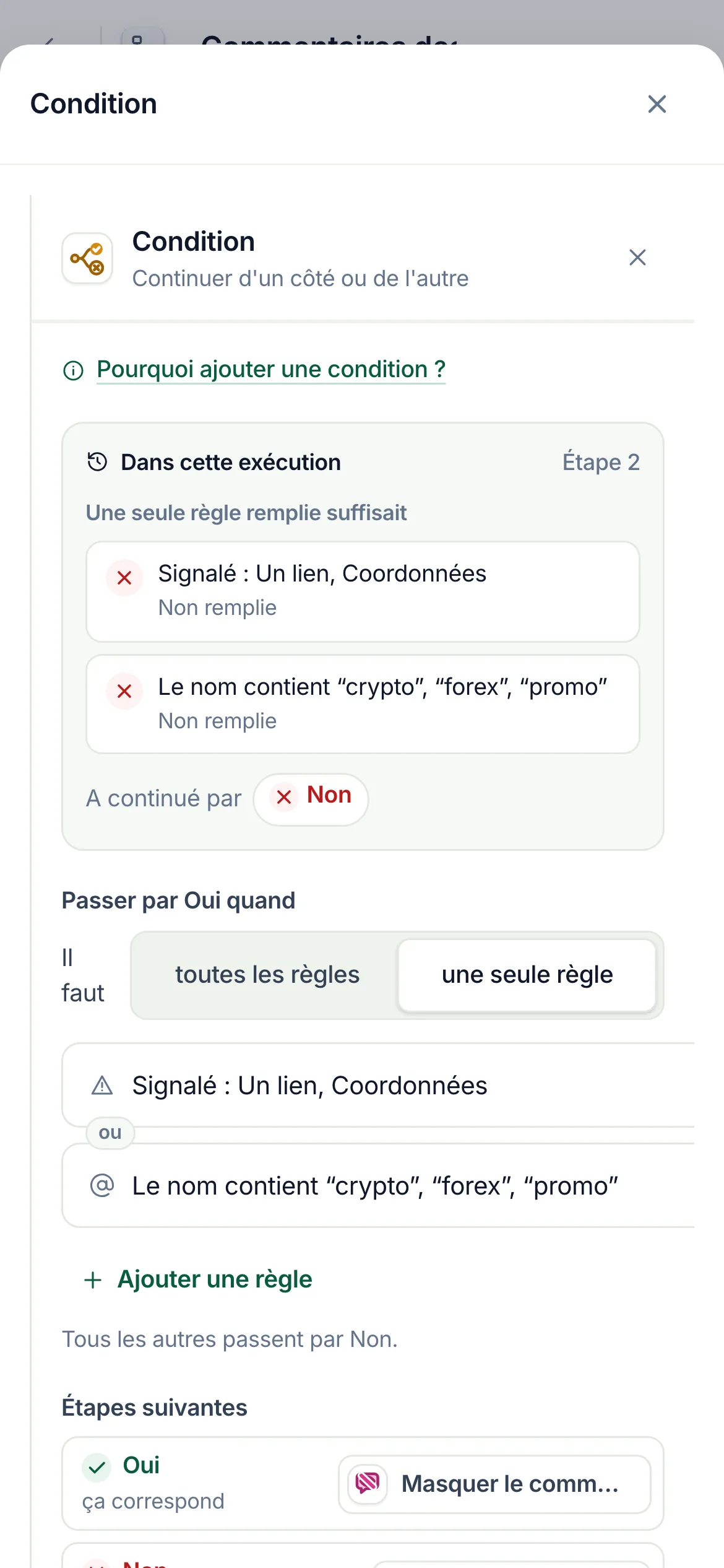 Sur un téléphone&nbsp;: touchez la condition dans les étapes de l’exécution&nbsp;; son volet s’ouvre sur Dans cette exécution.