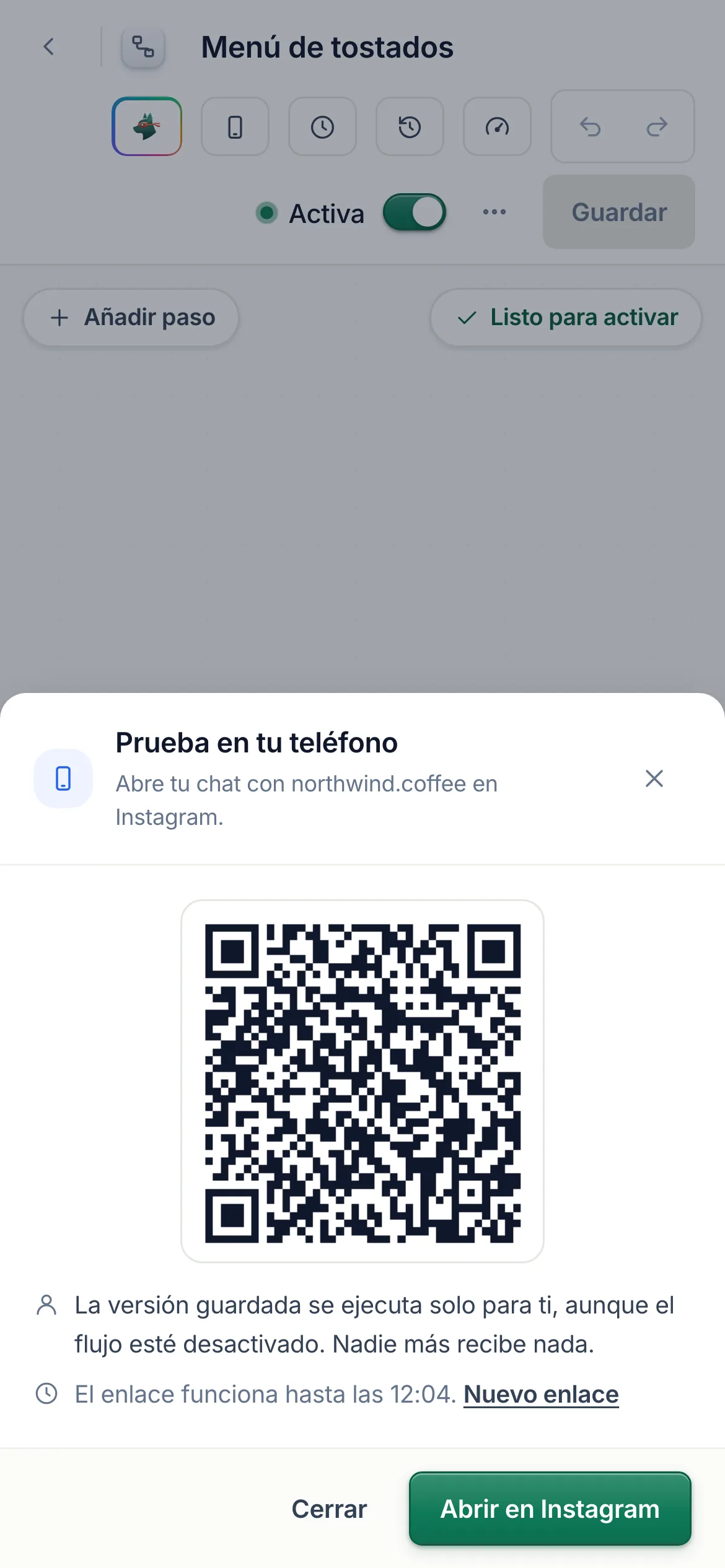 Prueba en tu teléfono: un código QR que abre tu chat con northwind.coffee, la versión guardada se ejecuta solo para ti, y la hora hasta la que funciona el enlace.