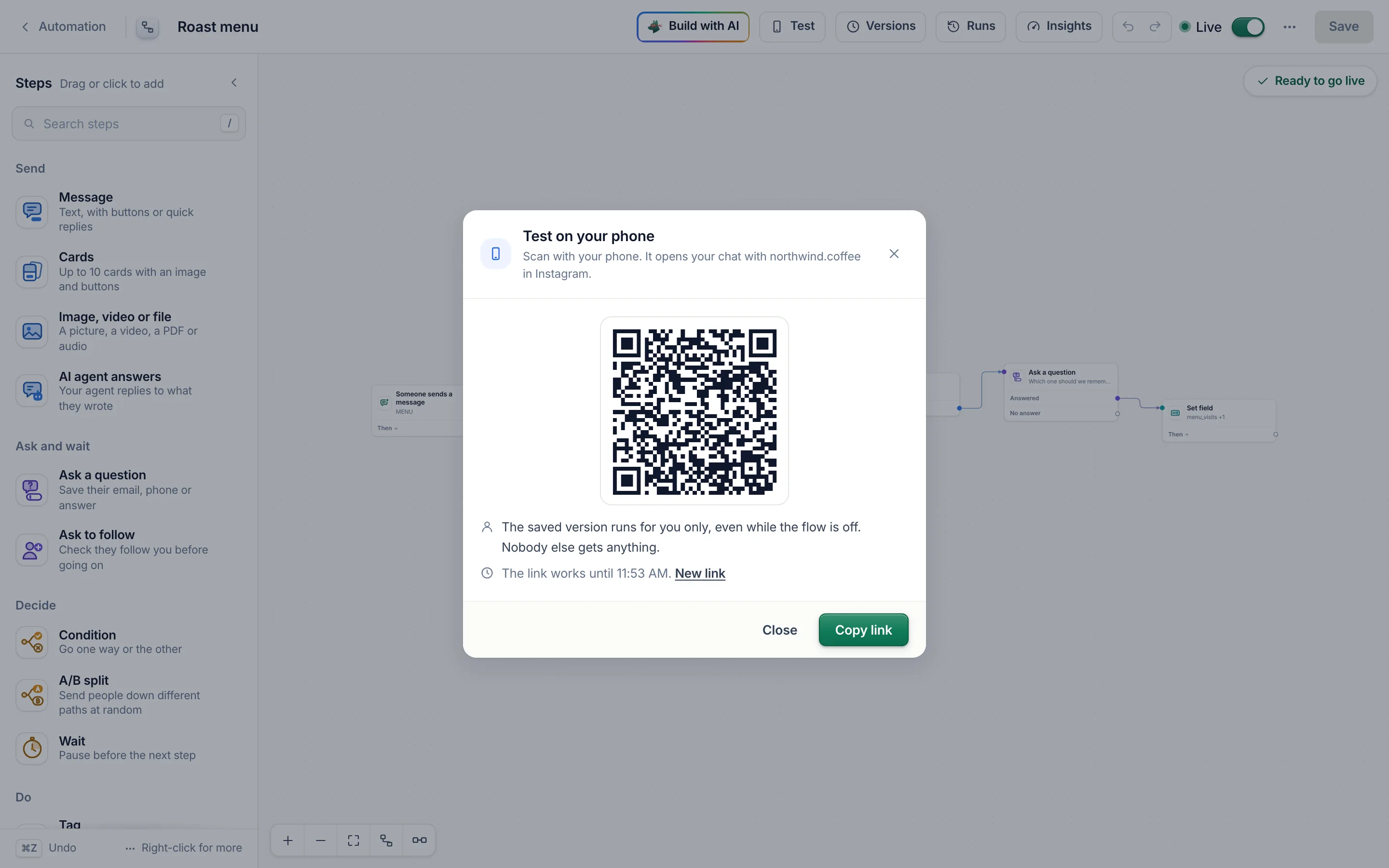 Test on your phone: a QR code that opens your chat with northwind.coffee, the saved version runs for you only, and the time the link works until.