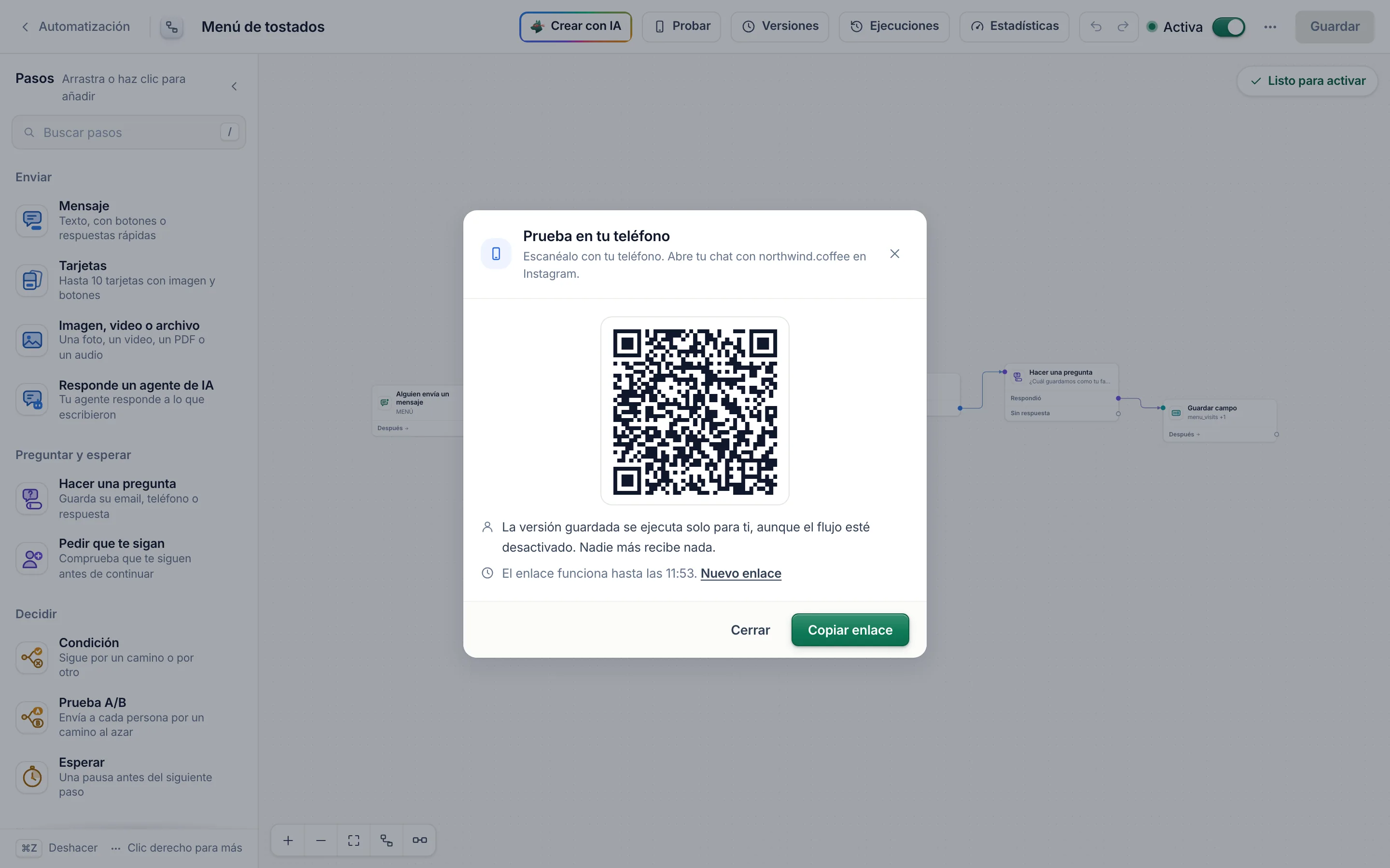 Prueba en tu teléfono: un código QR que abre tu chat con northwind.coffee, la versión guardada se ejecuta solo para ti, y la hora hasta la que funciona el enlace.
