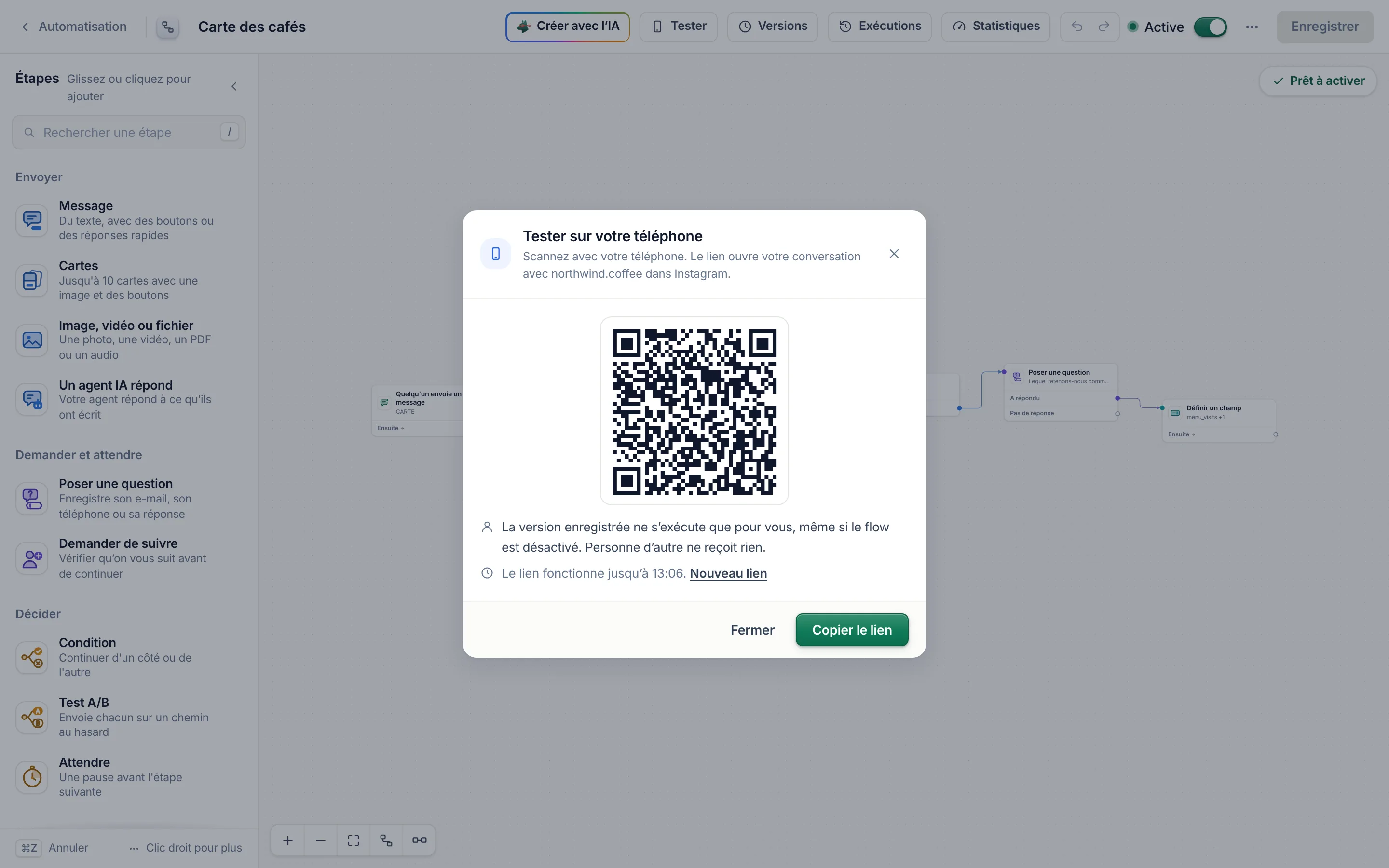 Le QR code qui ouvre votre conversation avec la page.
