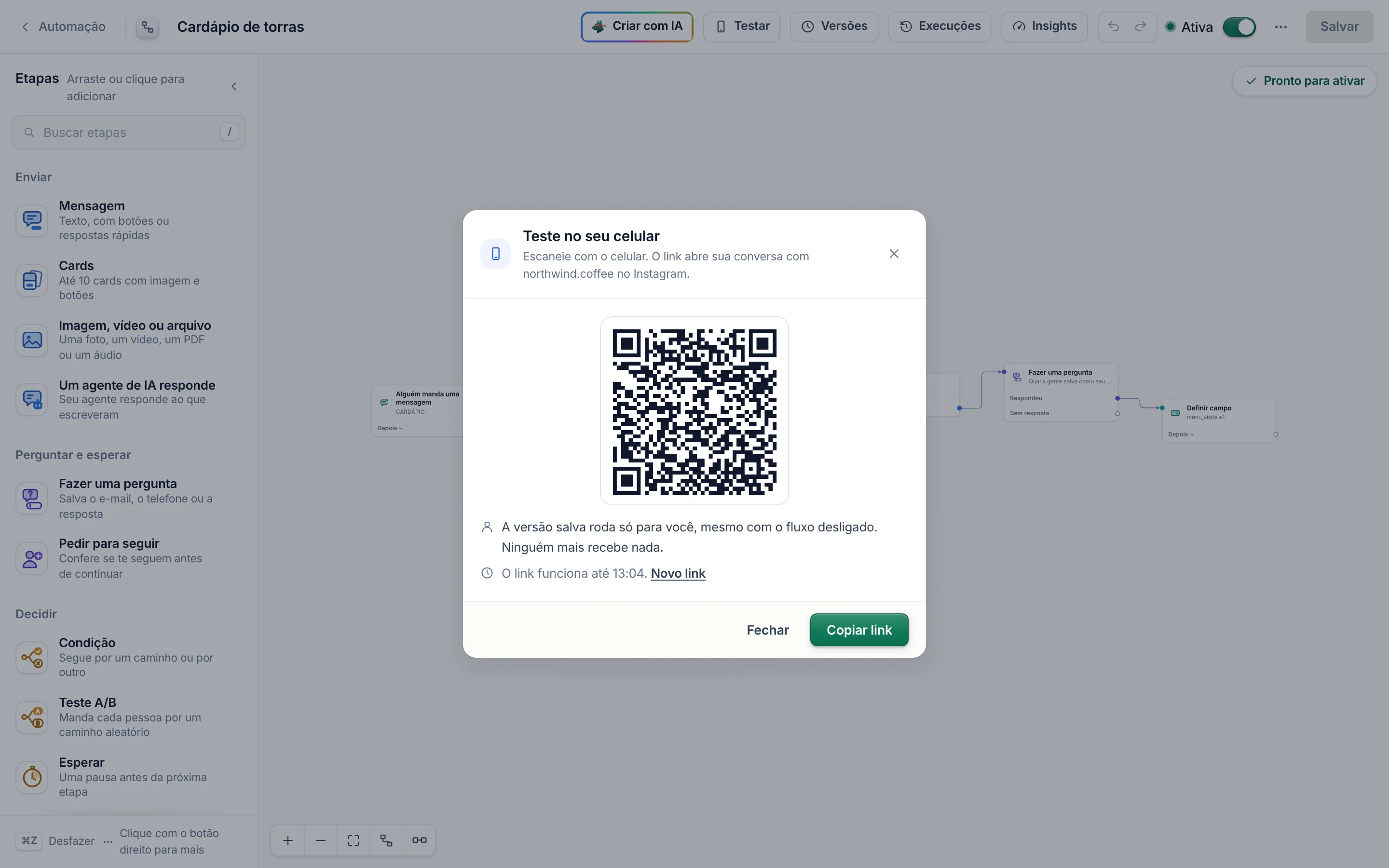 O QR code que abre seu chat com a página.