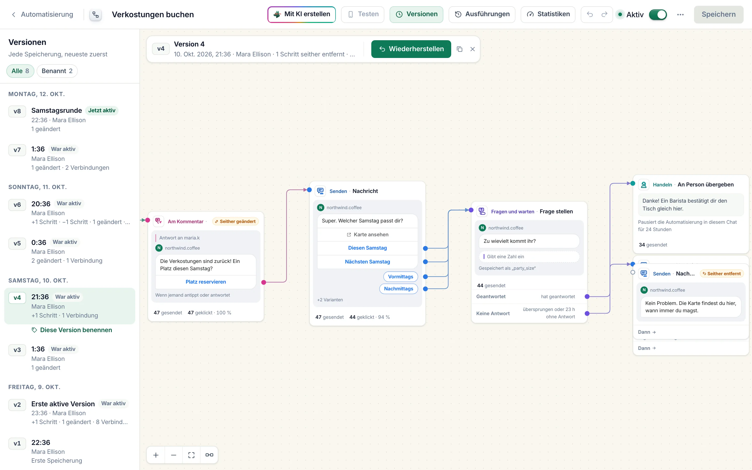 Versionen des Flows „Verkostungen buchen“, neueste zuerst: v8 „Samstagsrunde“ jetzt aktiv, bis hinunter zu v1, jede mit der Person, die gespeichert hat, und den Änderungen, dazu Version 4 geöffnet auf der Arbeitsfläche neben „Wiederherstellen“.