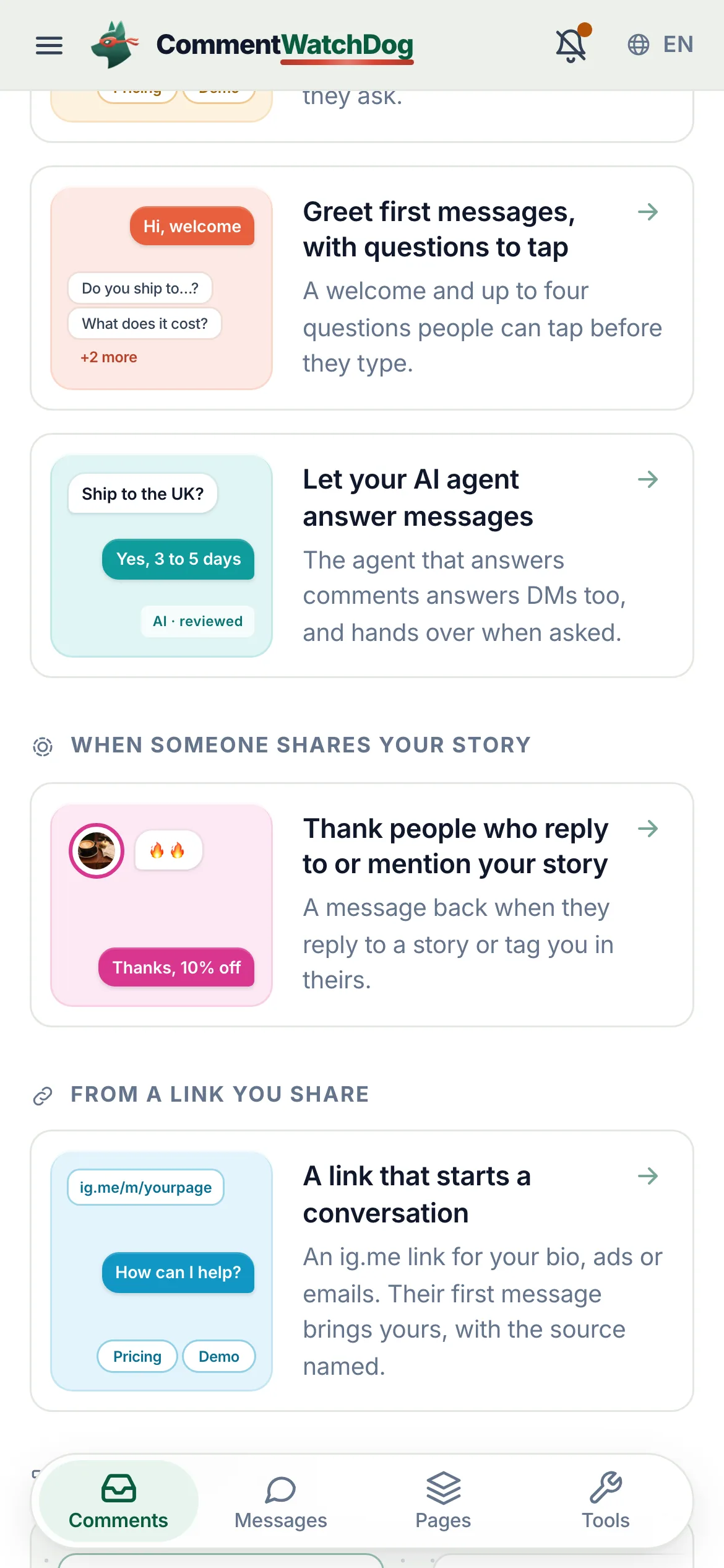 On a phone, scroll down to When someone messages you.