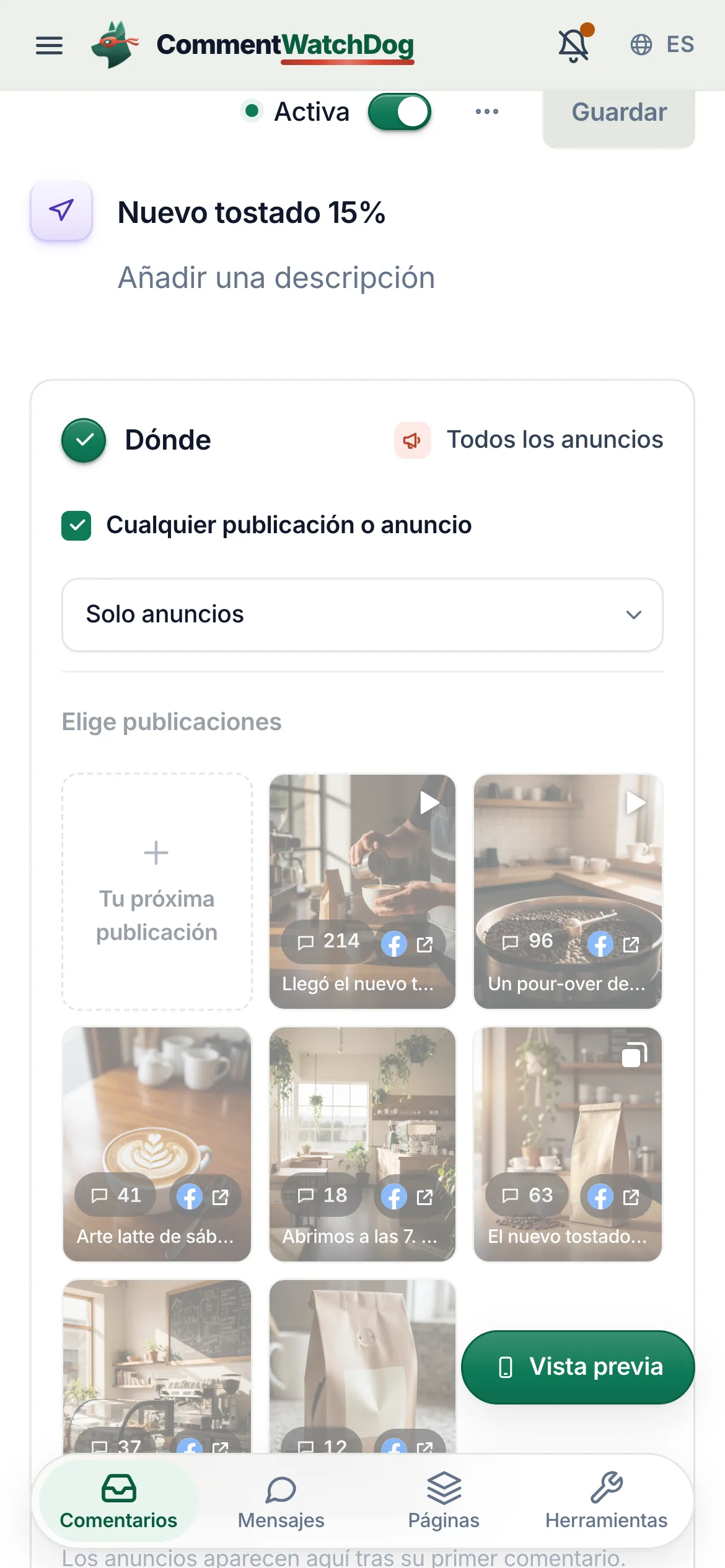 La automatización de comentario a DM Nuevo tostado 15% en la página de Facebook Northwind Coffee, puesta en Activa: en Dónde, Cualquier publicación o anuncio está marcado y puesto en Solo anuncios, y el chip de al lado dice Todos los anuncios.