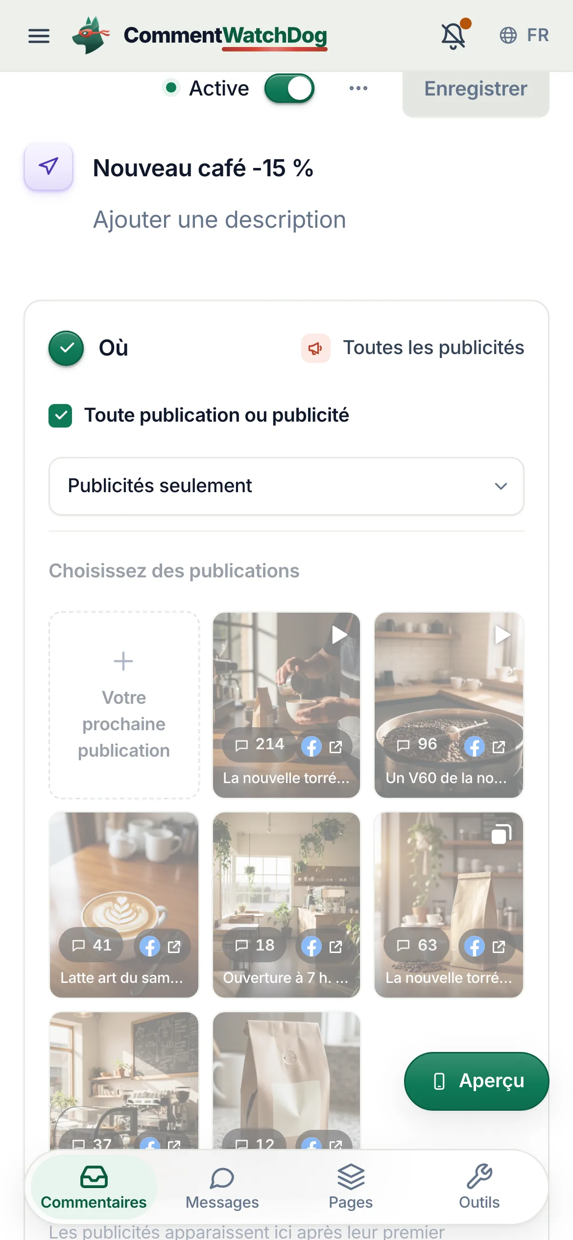 L’automatisation commentaire vers DM Nouveau café -15&nbsp;% sur la Page Facebook Northwind Coffee, passée sur Active&nbsp;: sous Où, Toute publication ou publicité est coché et réglé sur Publicités uniquement, et la puce à côté affiche Toutes les publicités.