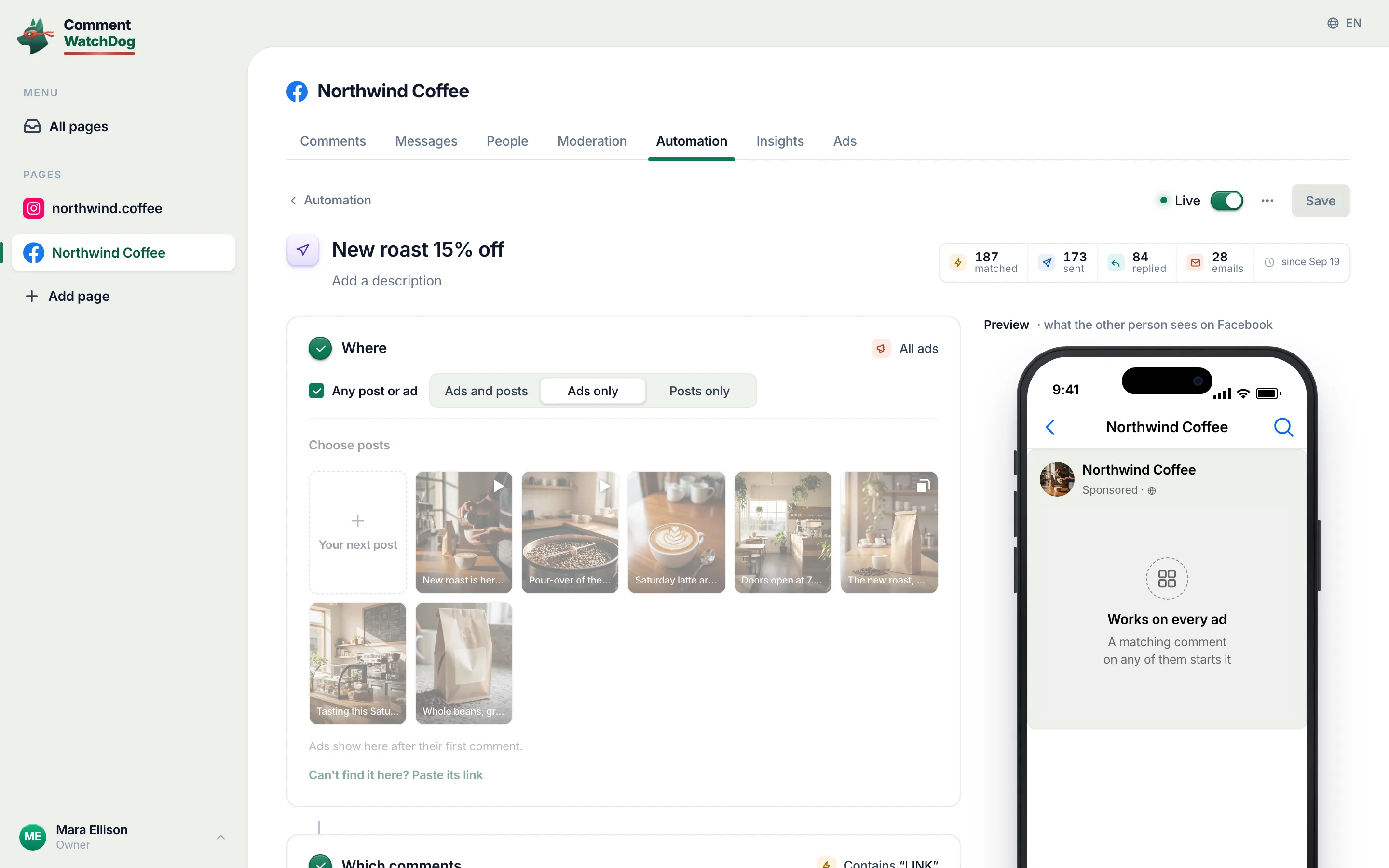 The comment to DM automation New roast 15% off on the Facebook Page Northwind Coffee, switched to Live: under Where, Any post or ad is ticked and set to Ads only, and the chip beside it reads All ads.