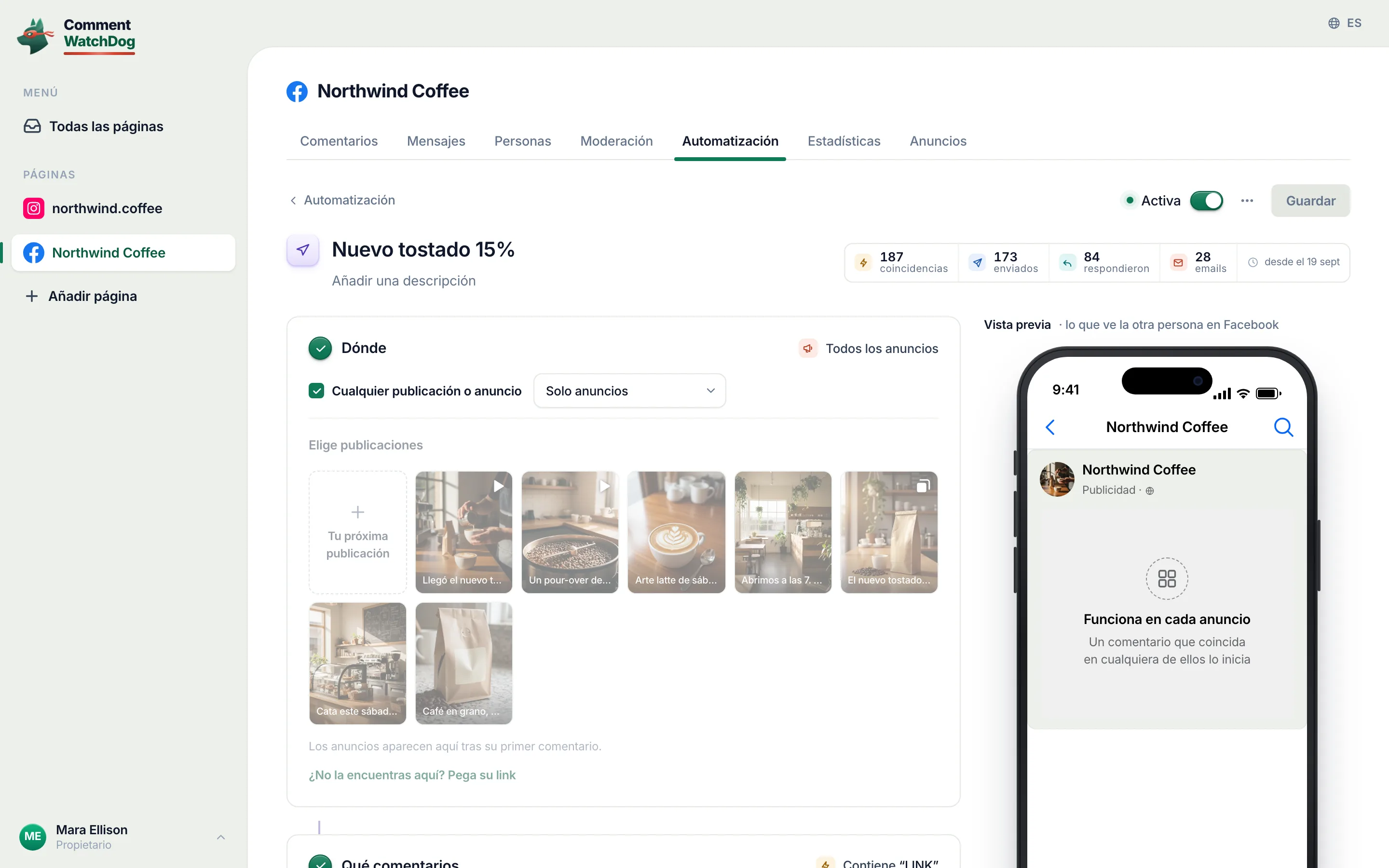 La automatización de comentario a DM Nuevo tostado 15% en la página de Facebook Northwind Coffee, puesta en Activa: en Dónde, Cualquier publicación o anuncio está marcado y puesto en Solo anuncios, y el chip de al lado dice Todos los anuncios.
