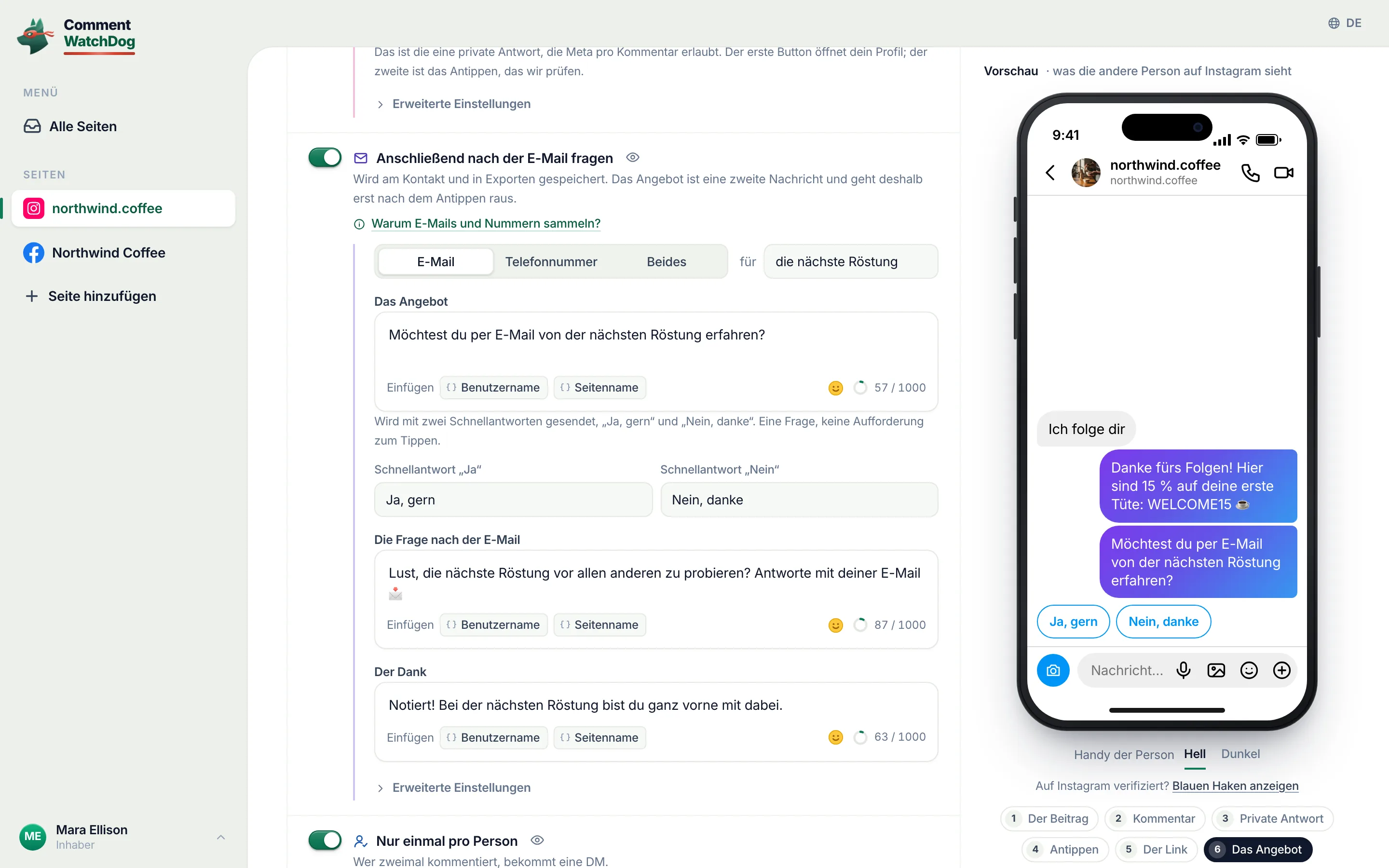 Der Editor von Kommentar-zu-DM mit eingeschaltetem „Anschließend nach der E-Mail fragen“: E-Mail gewählt, das Angebot mit „Ja, gern“ und „Nein, danke“, die Frage nach der E-Mail, der Dank und die Instagram-Vorschau des Angebots.