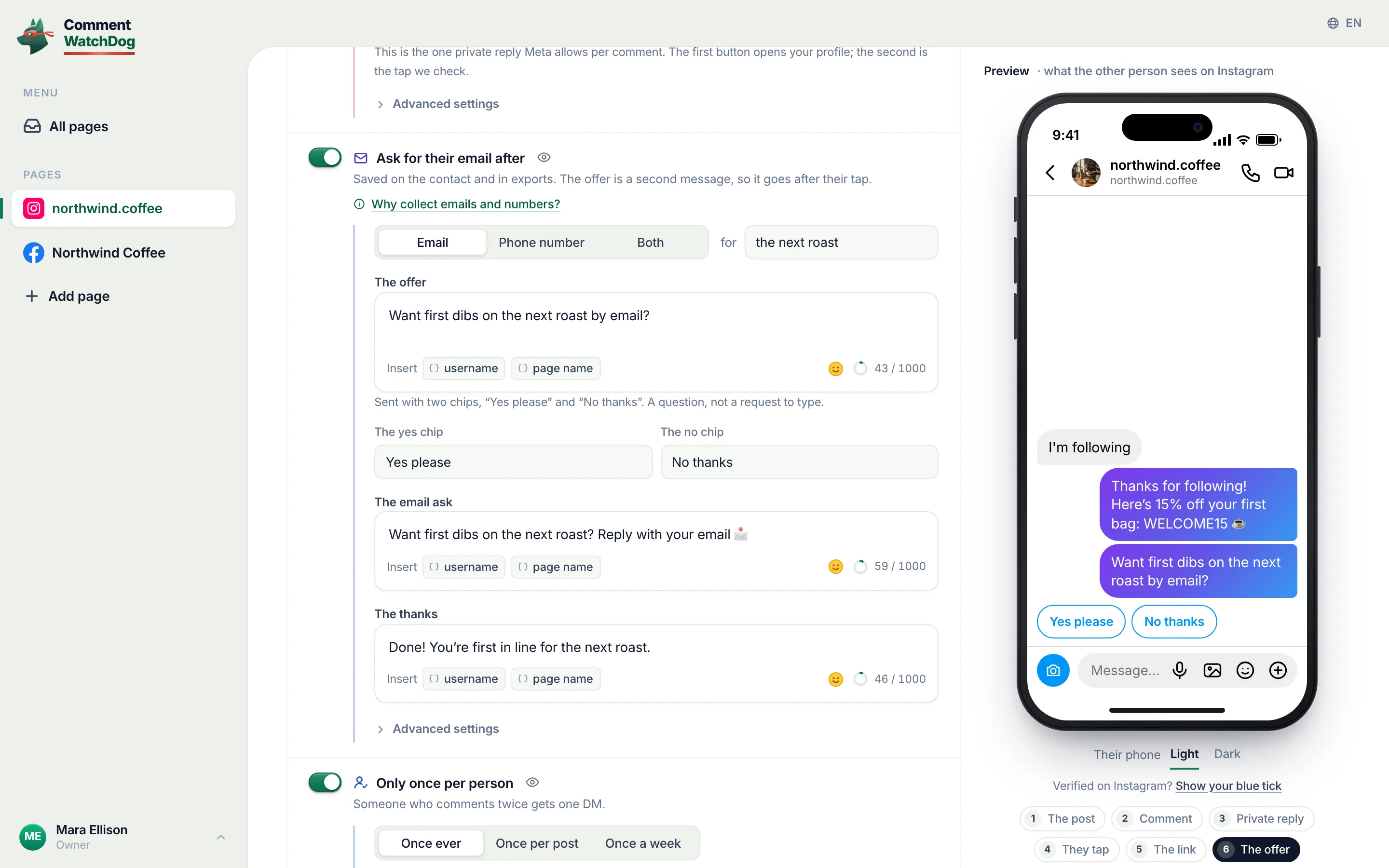 The comment to DM editor with Ask for their email after switched on: email chosen, the offer with Yes please and No thanks, the email ask, the thanks, and the Instagram preview of the offer.