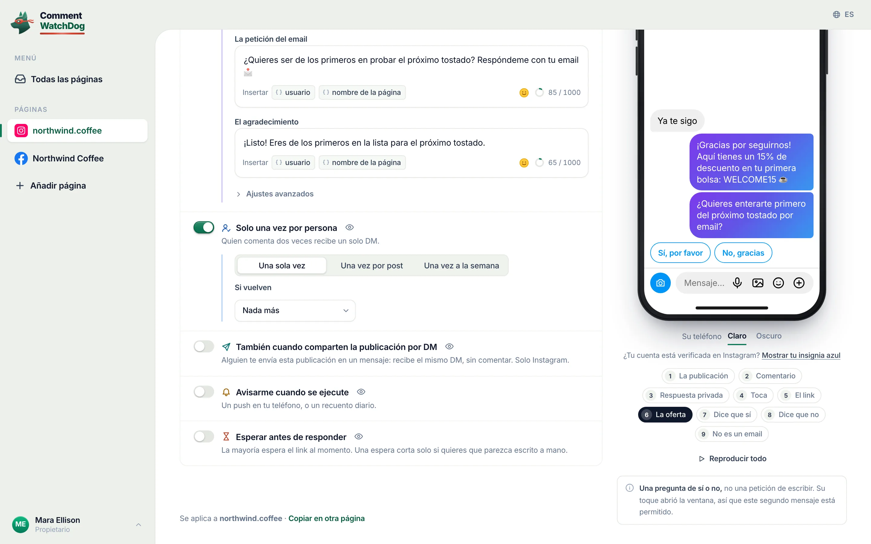 El editor de comentario a DM con Pedir su email después activado: email elegido, la oferta con Sí, por favor y No, gracias, la petición del email, el agradecimiento y la vista previa de Instagram de la oferta.