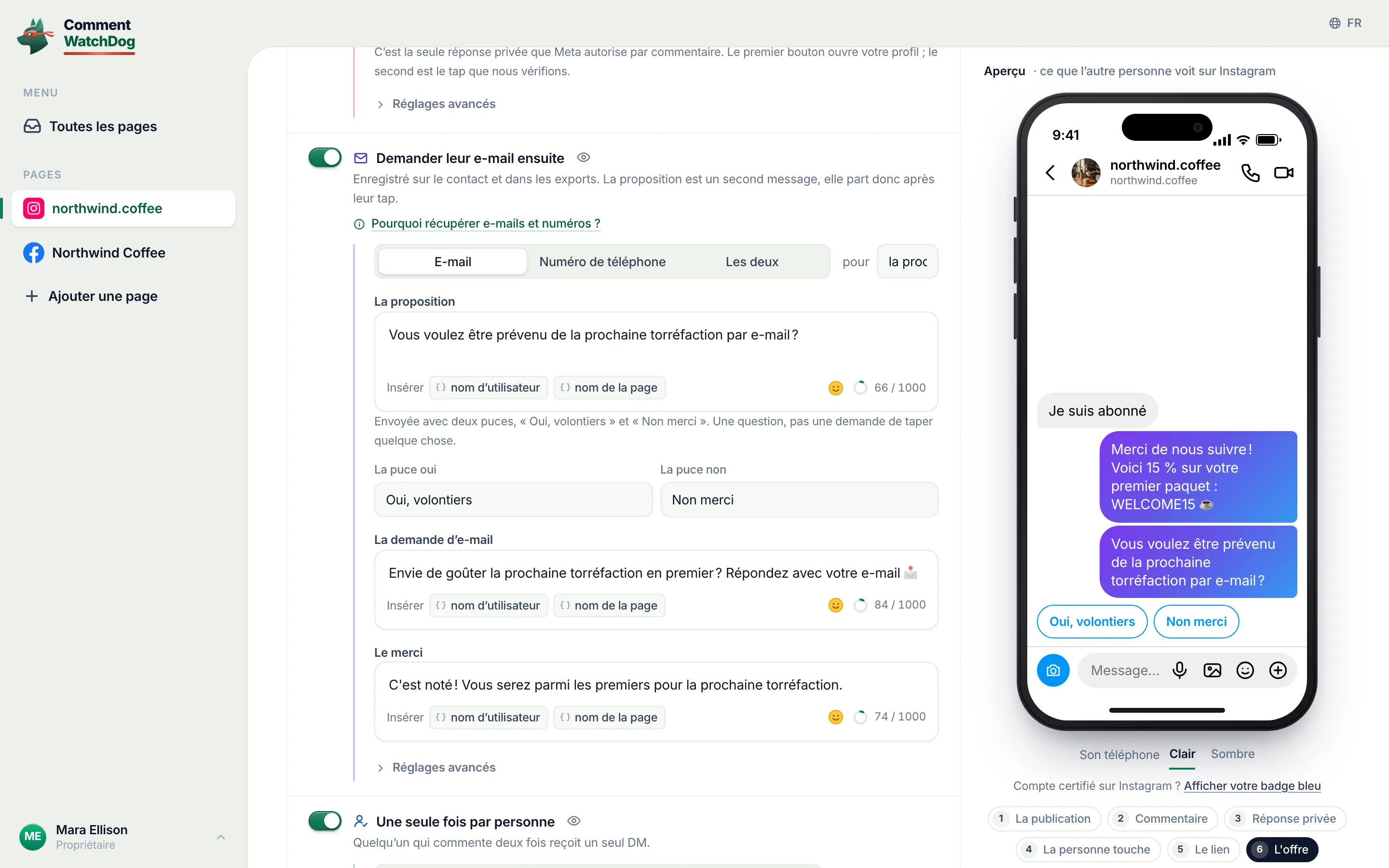 L’éditeur de commentaire vers DM avec Demander leur e-mail ensuite activé&nbsp;: e-mail choisi, la proposition avec Oui, volontiers et Non merci, la demande d’e-mail, le merci, et l’aperçu Instagram de la proposition.