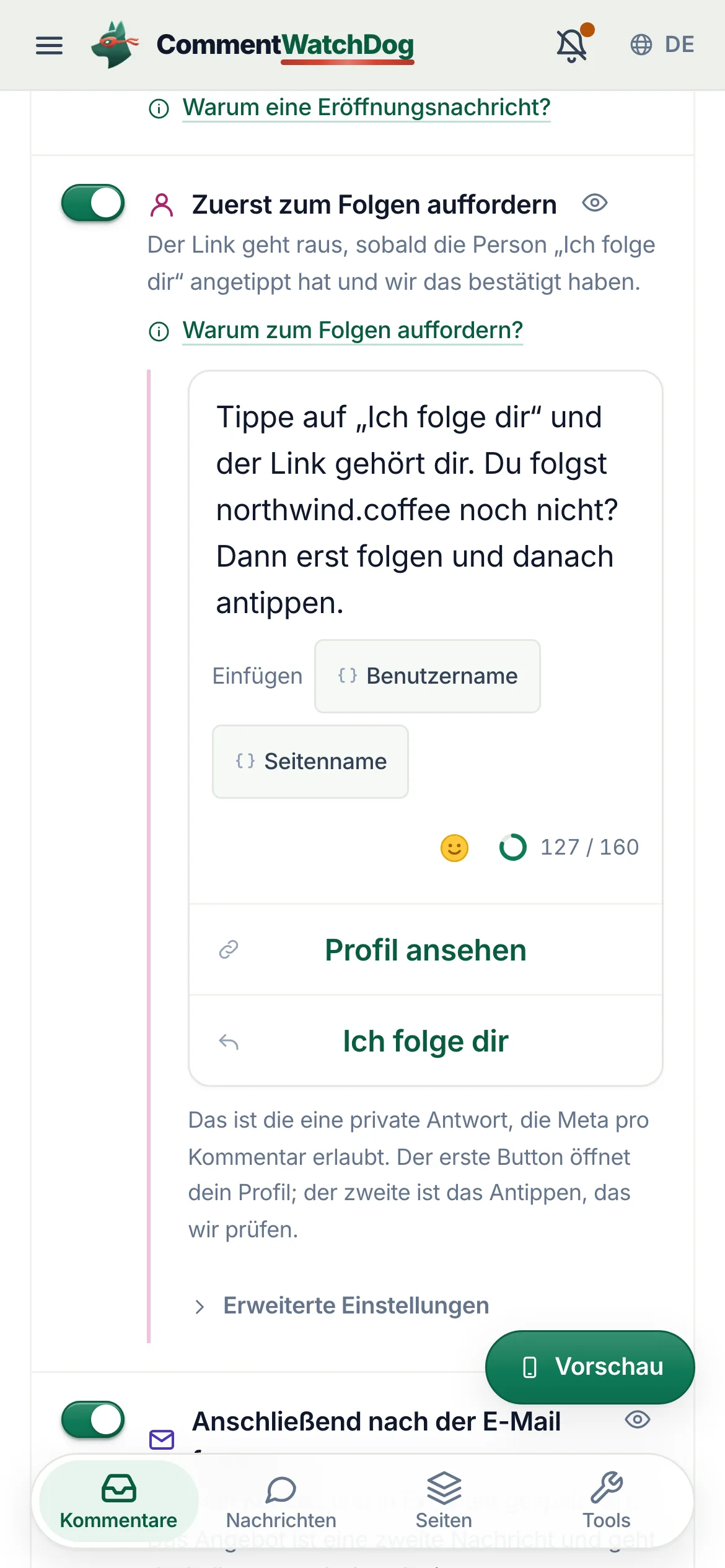 Die Aufforderung zum Folgen auf dem Handy.