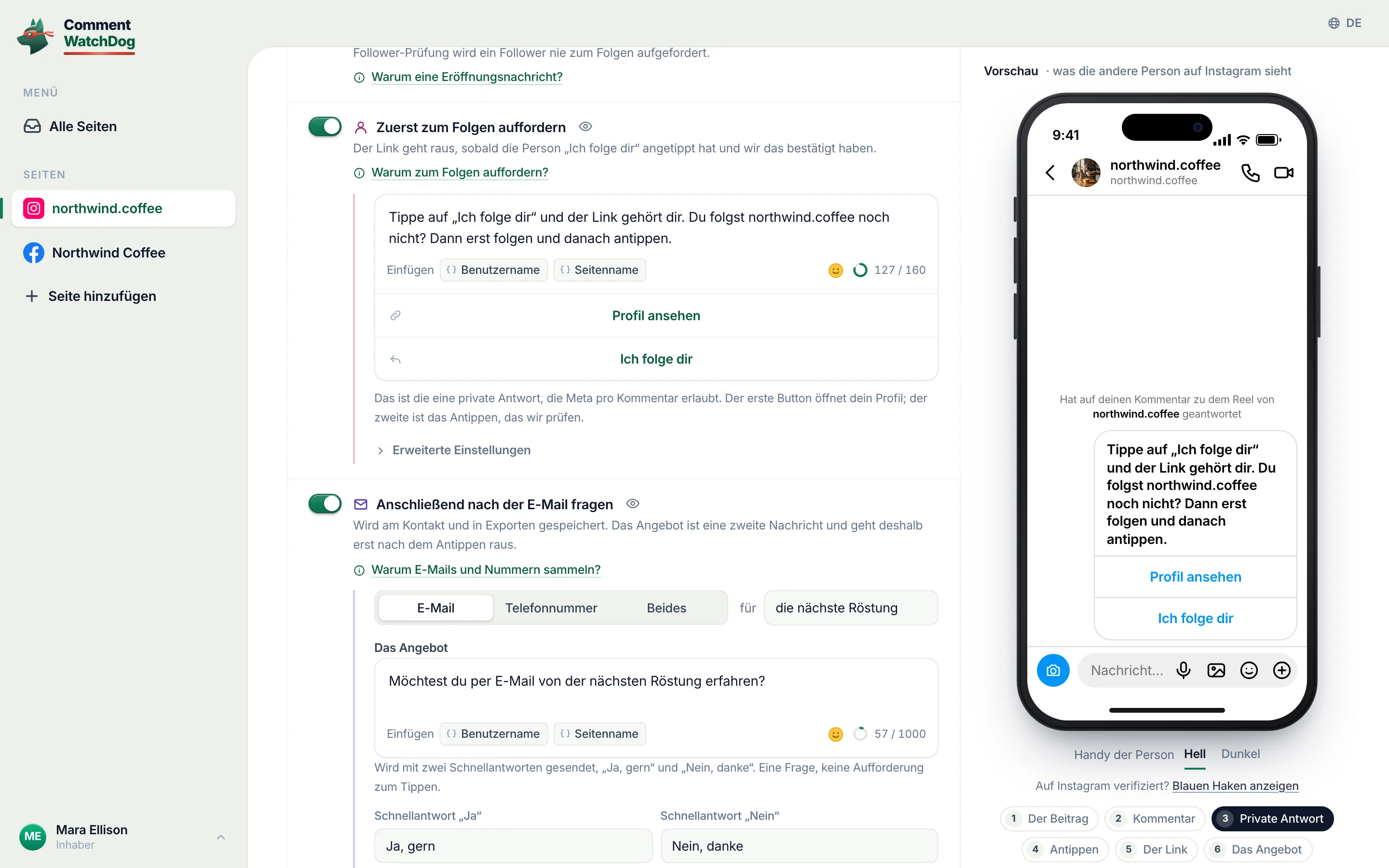 Der Kommentar-zu-DM-Editor mit eingeschaltetem „Zuerst zum Folgen auffordern“: die Aufforderung, die Buttons „Profil ansehen“ und „Ich folge dir“ und die Instagram-Vorschau der Folgen-Karte.