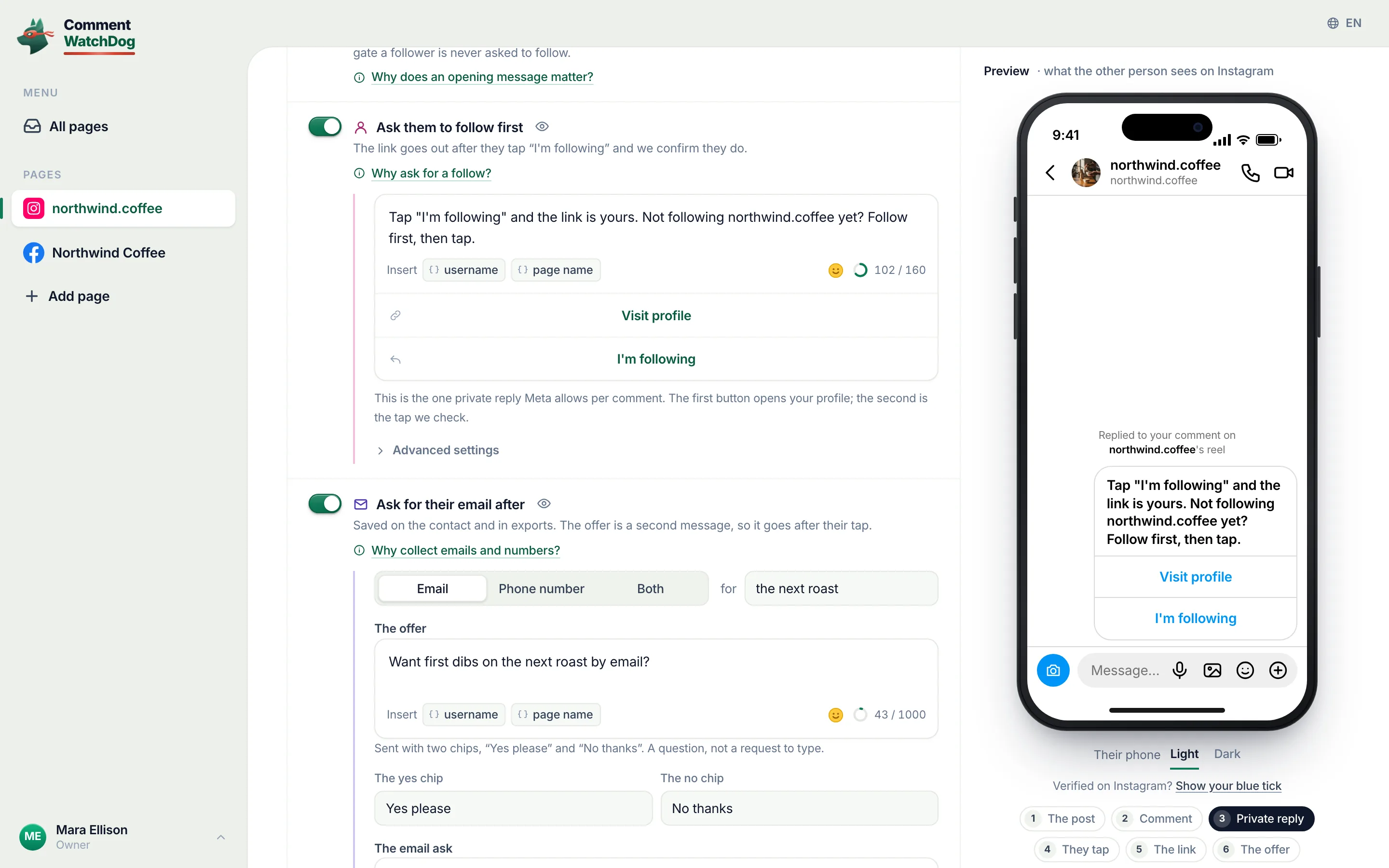 The comment to DM editor with Ask them to follow first switched on: the ask, the Visit profile and I’m following buttons, and the Instagram preview of the follow card.