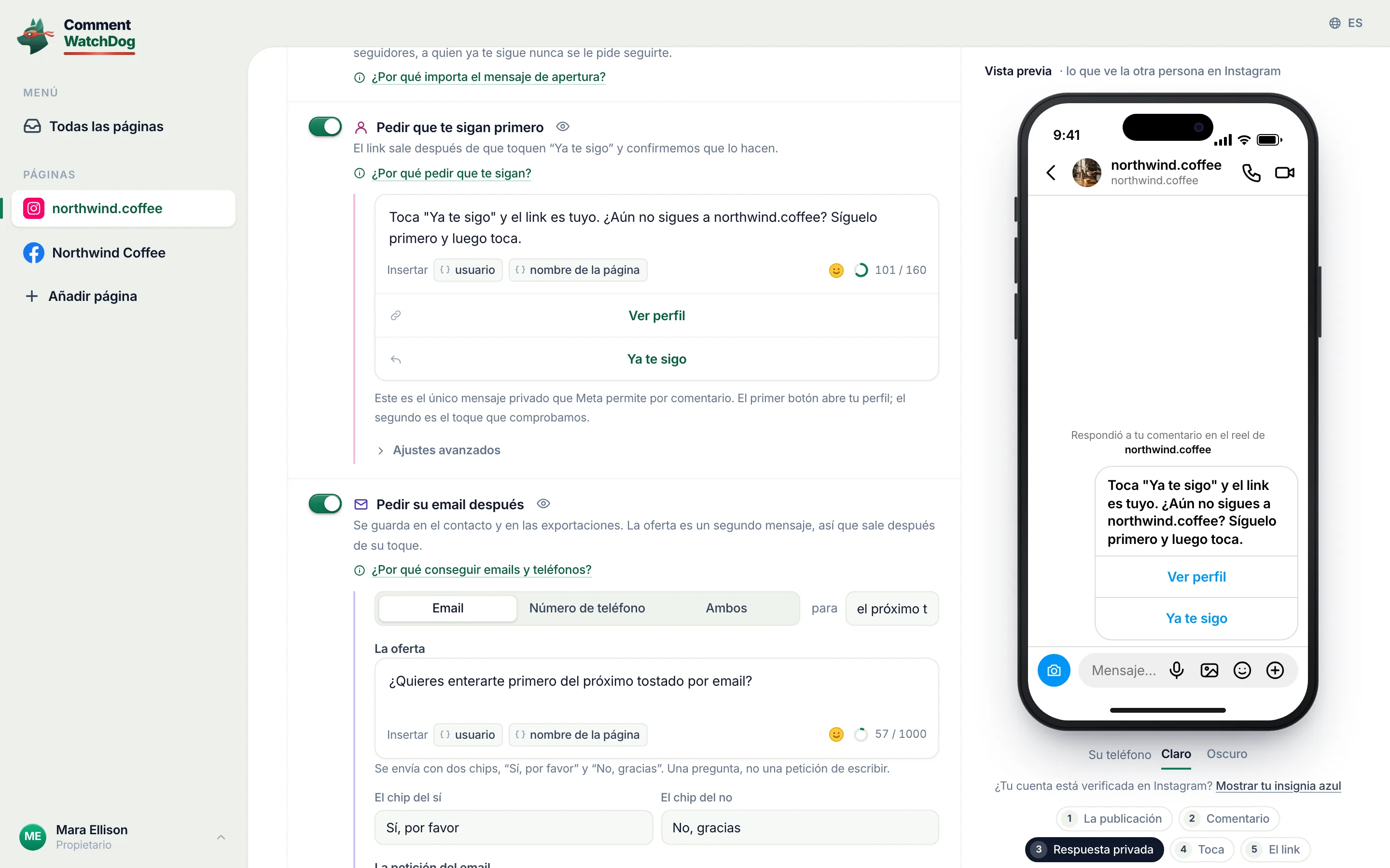 El editor de comentario a DM con Pedir que te sigan primero activado: la petición, los botones Ver perfil y Ya te sigo, y la vista previa de Instagram de la tarjeta para seguir.