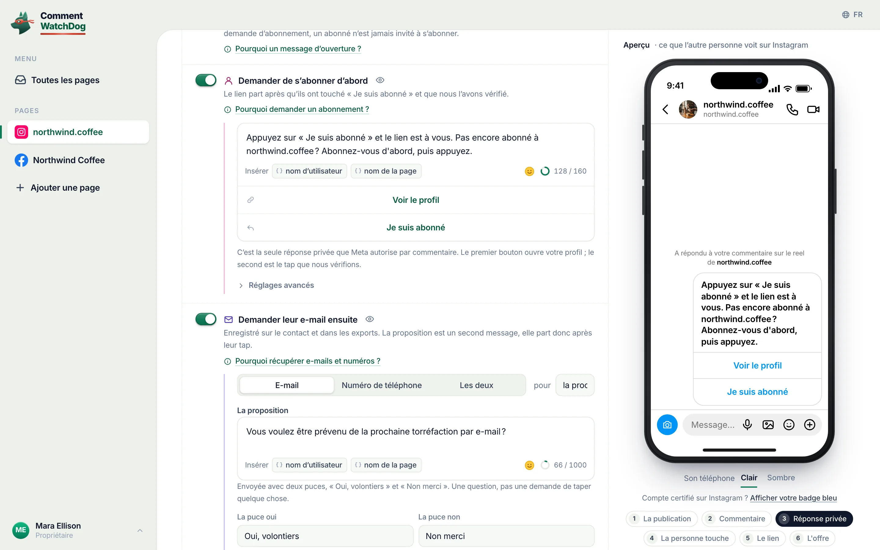 L’éditeur de commentaire vers DM avec Demander de s’abonner d’abord activé&nbsp;: la demande, les boutons Voir le profil et Je suis abonné, et l’aperçu Instagram de la carte d’abonnement.