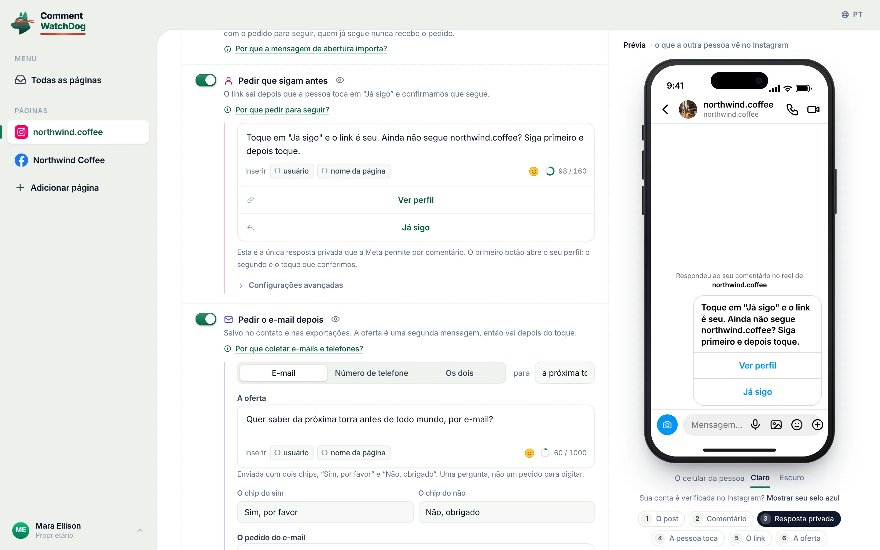O editor de comentário para DM com Pedir que sigam antes ligado: o pedido, os botões Ver perfil e Já estou seguindo, e a prévia do Instagram com o card para seguir.