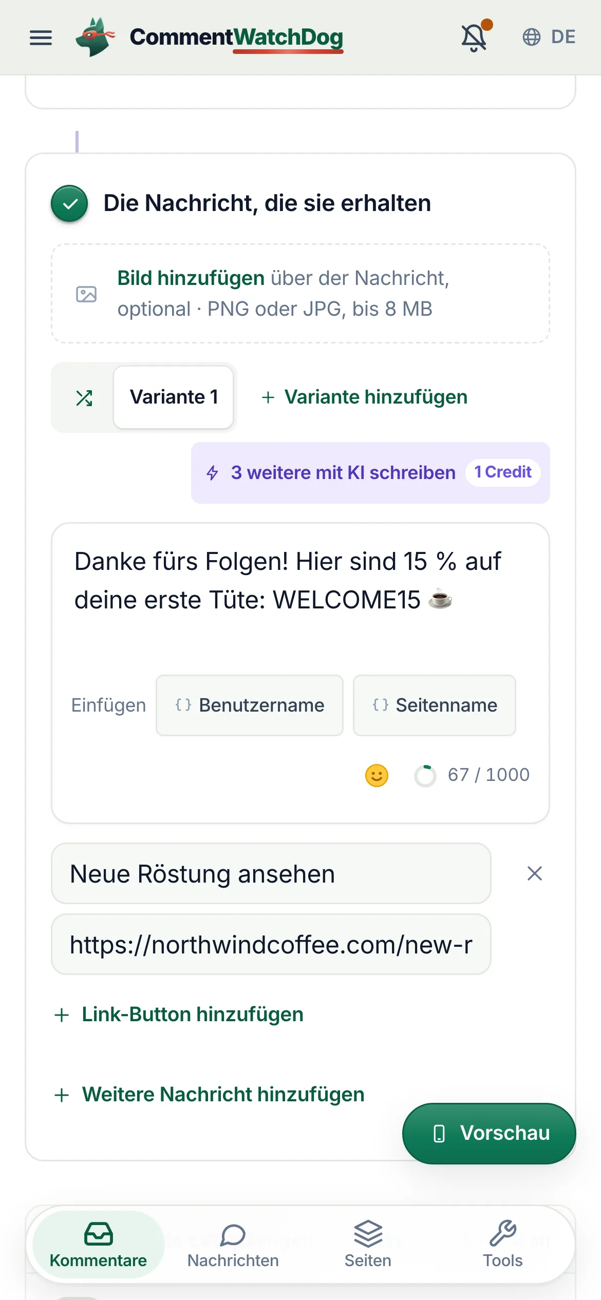 Der Kommentar-zu-DM-Editor: die Nachricht, die sie erhalten, mit ihrem Link-Button, und rechts die Vorschau der Instagram-DM.