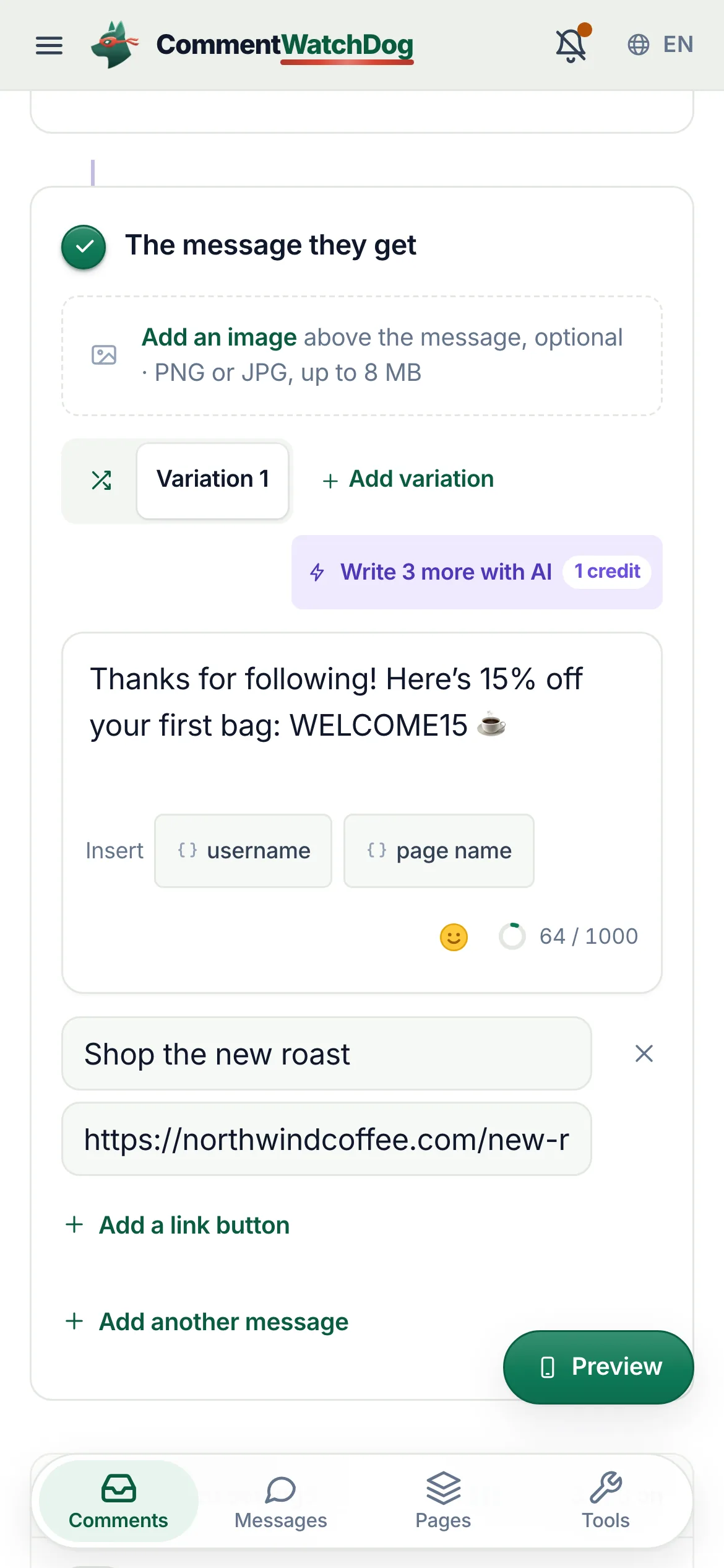 The comment to DM editor: the message they get with its link button, and the preview of the Instagram DM on the right.