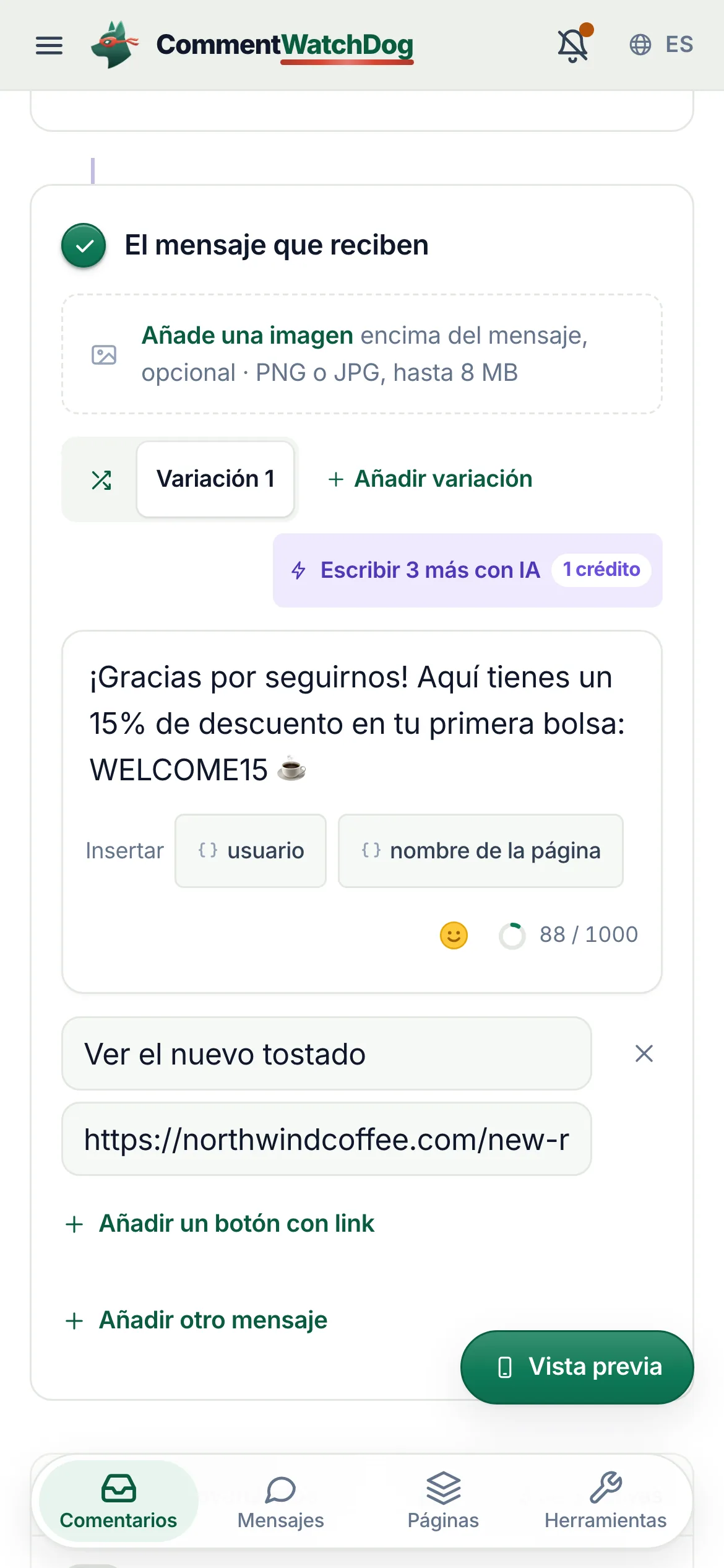 El editor de comentario a DM: el mensaje que reciben con su botón de enlace, y a la derecha la vista previa del DM de Instagram.