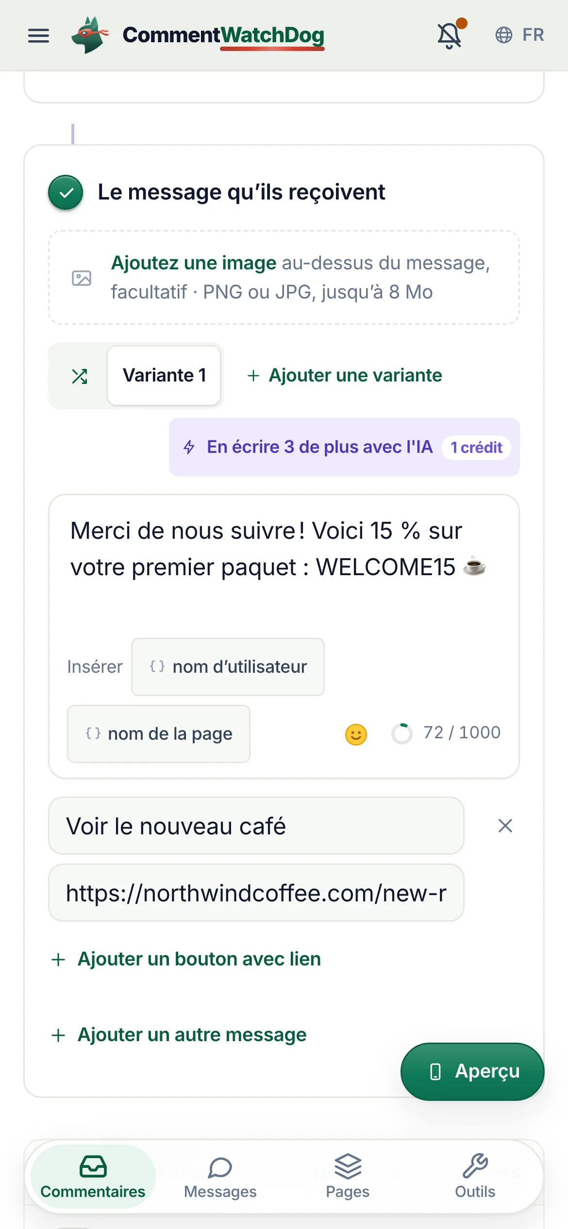 L’éditeur de commentaire vers DM&nbsp;: le message qu’ils reçoivent avec son bouton de lien, et l’aperçu du DM Instagram à droite.