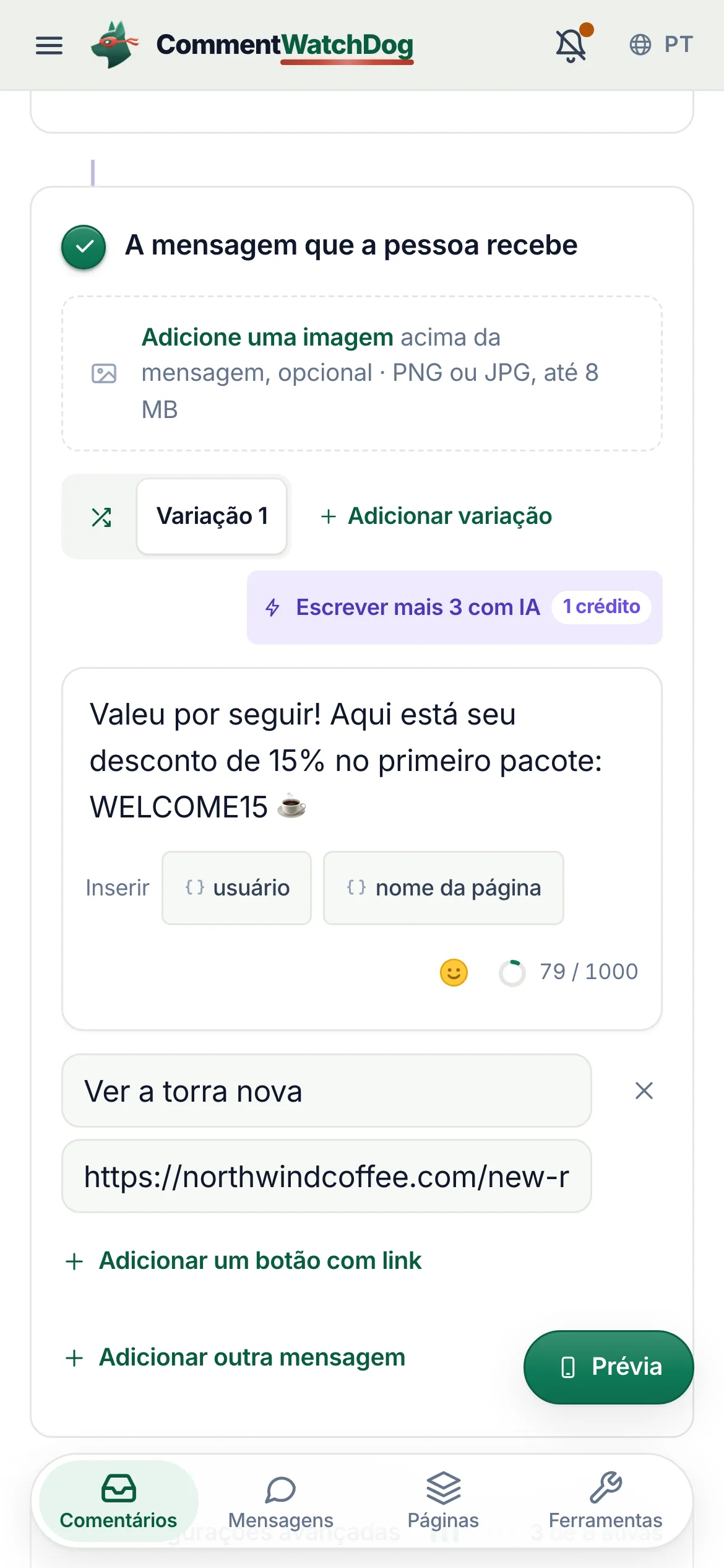 O editor de comentário para DM: a mensagem que a pessoa recebe com o botão de link, e a prévia da DM do Instagram à direita.