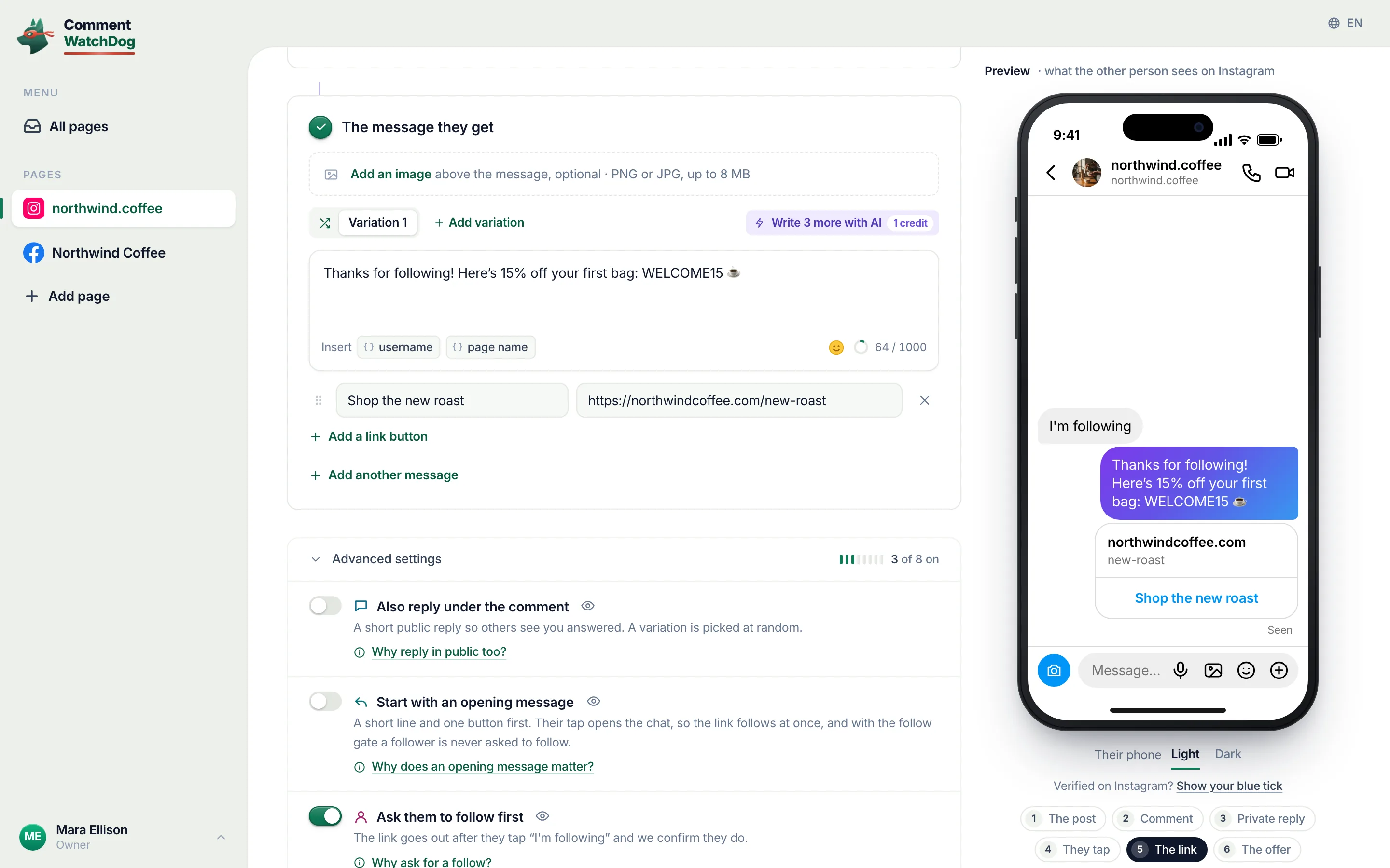 The comment to DM editor: the message they get with its link button, and the preview of the Instagram DM on the right.